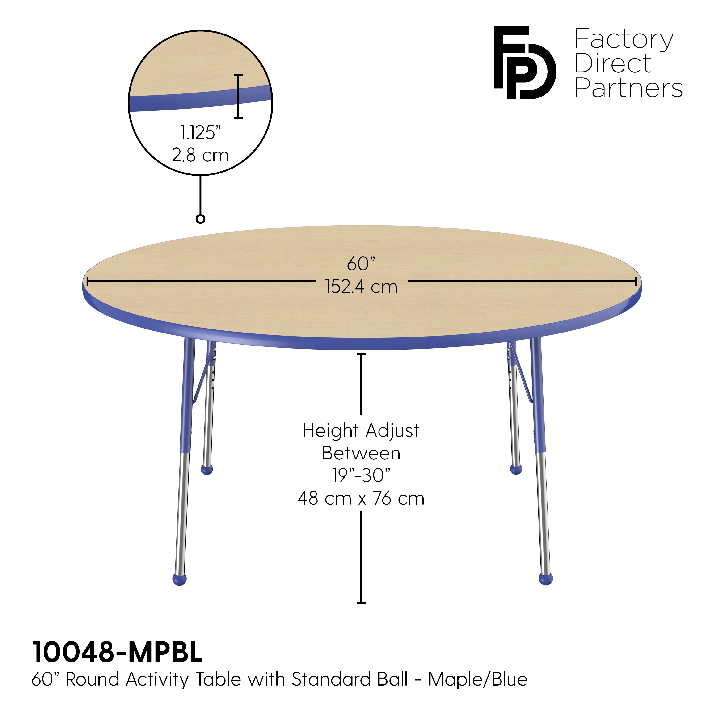60" Round T-Molding Activity Table with Adjustable Standard Ball Glide Legs - Maple/Blue