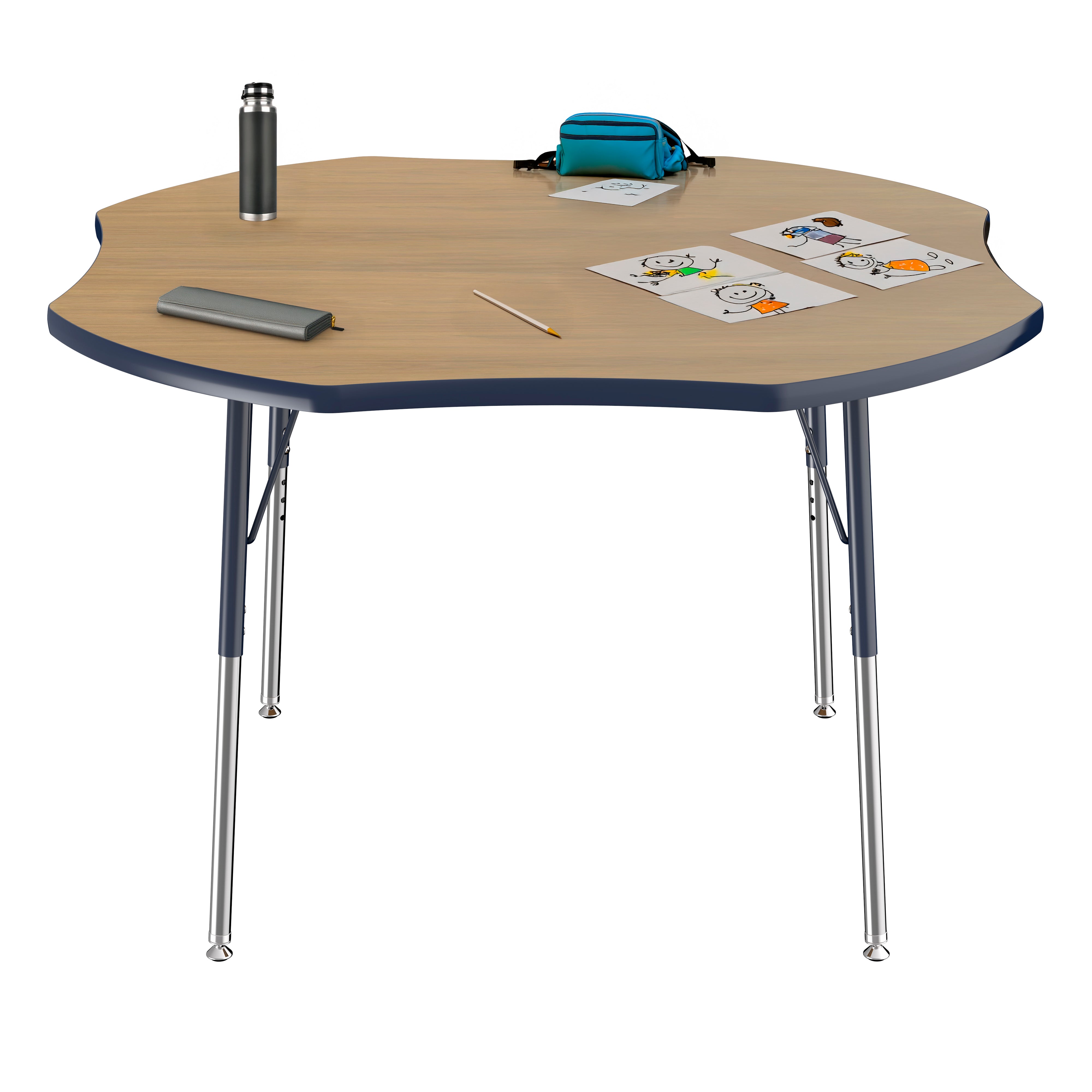 48" x 48" Clover T-Molding Activity Table with Adjustable Standard Swivel Glide Legs - Pasadena Oak/Navy
