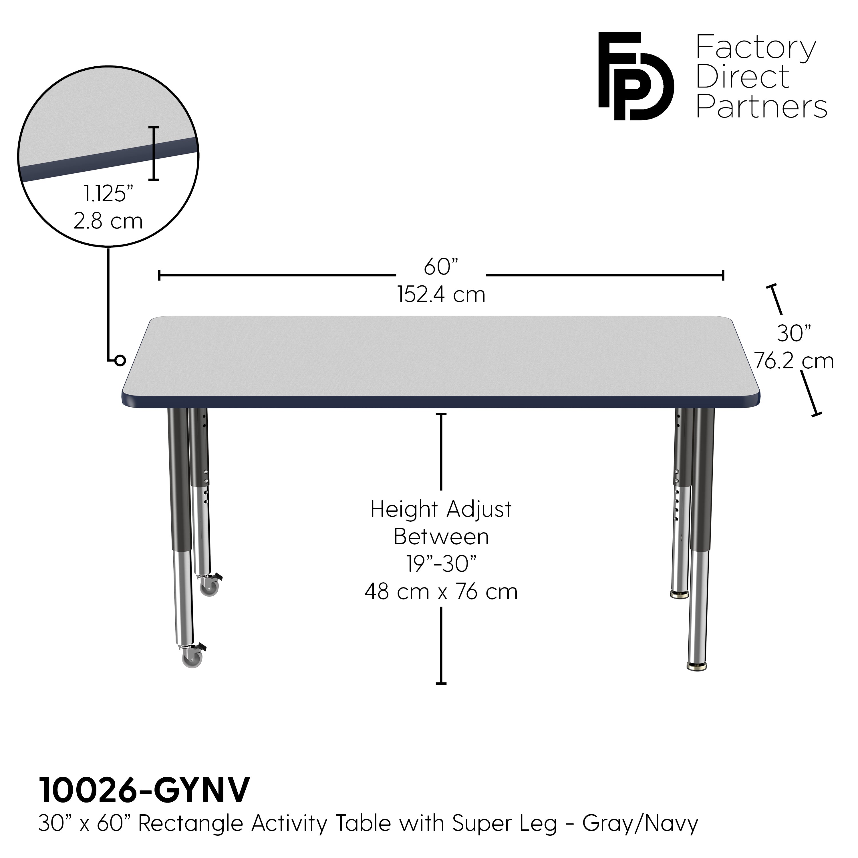30" x 60" Rectangle T-Molding Activity Table with Adjustable Super Legs - Gray/Navy/Black