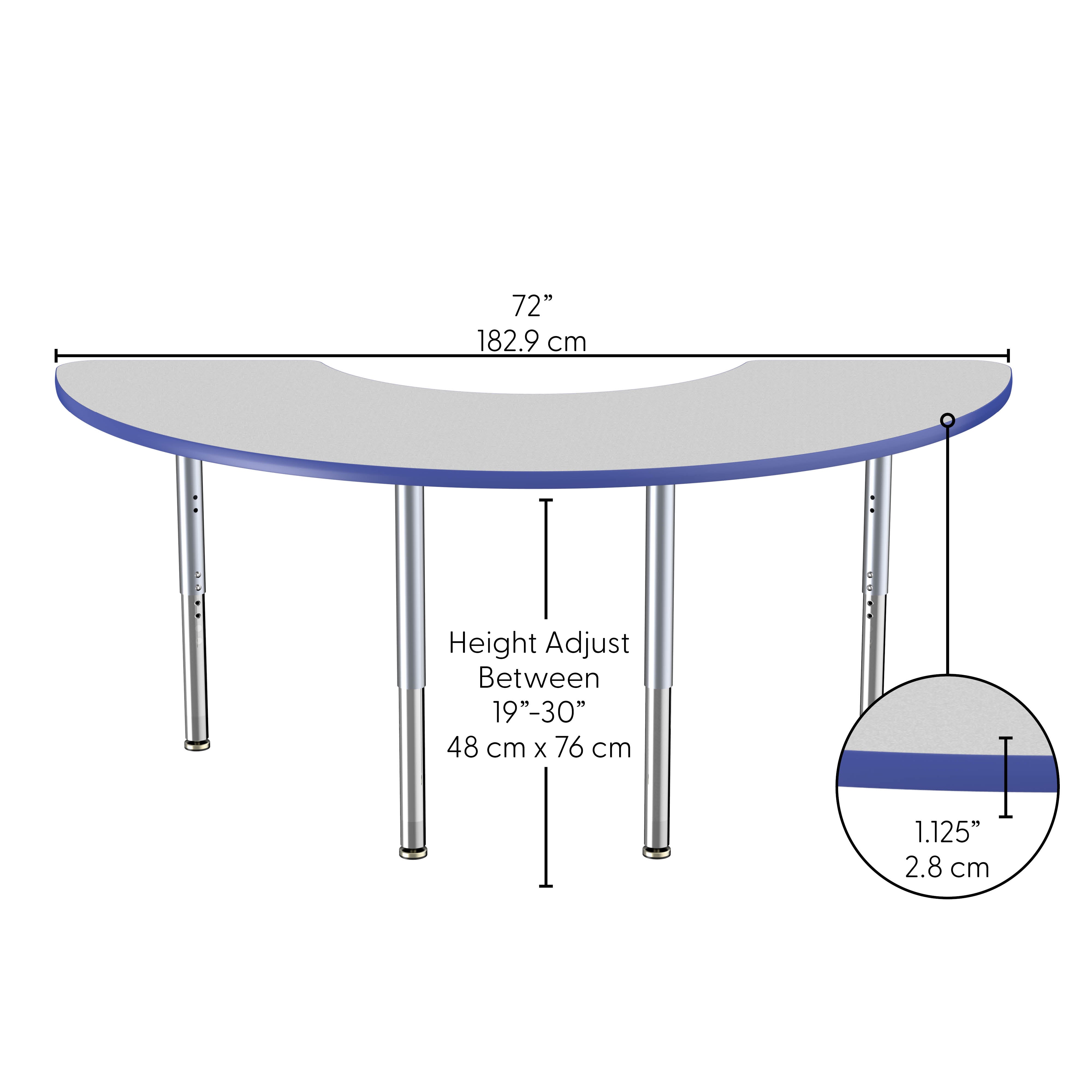 36" x 72" Half Moon Thermofused Activity Table with Adjustable Super Legs - Gray/Blue/Silver