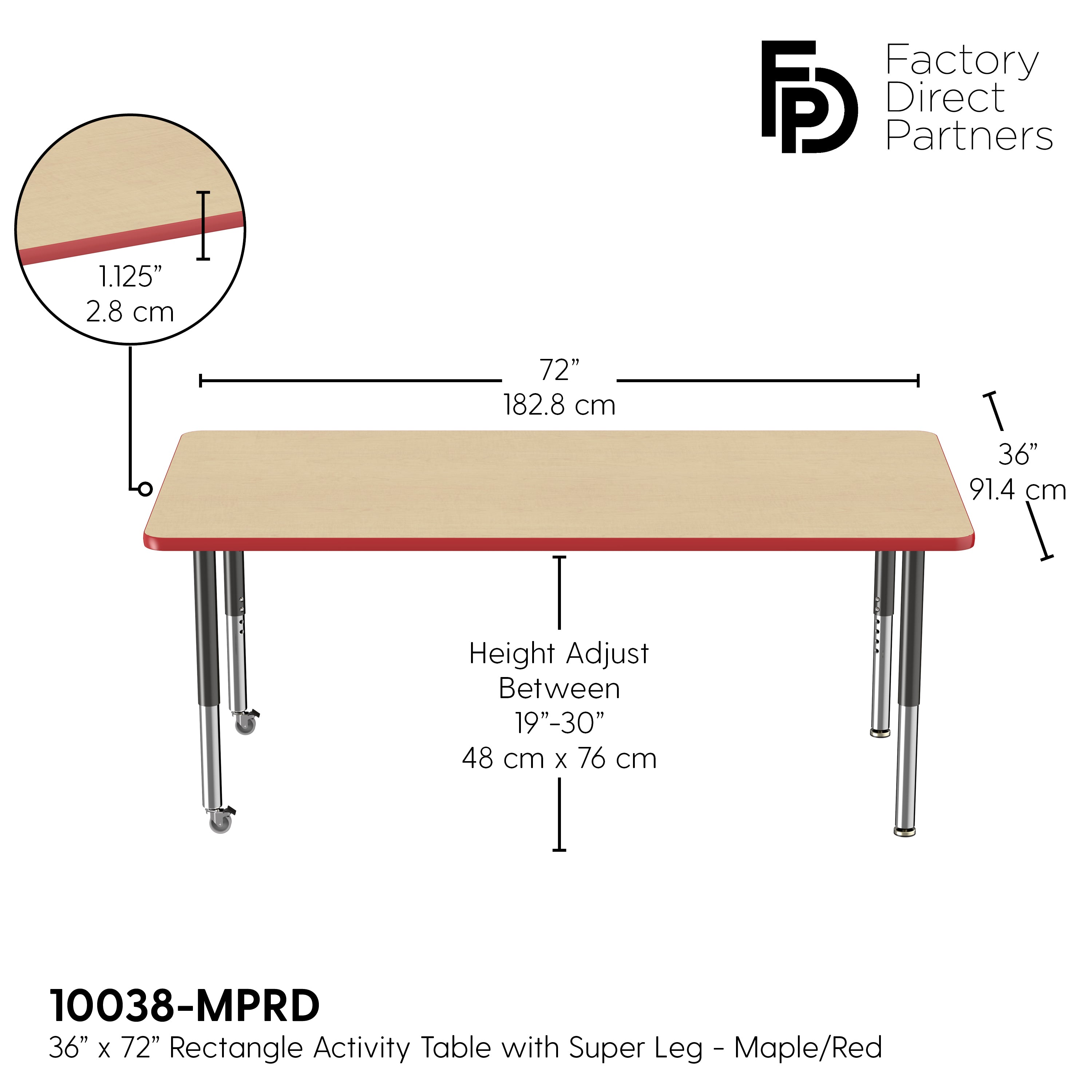 36" x 72" Rectangle T-Molding Activity Table with Adjustable Super Legs - Maple/Red/Black