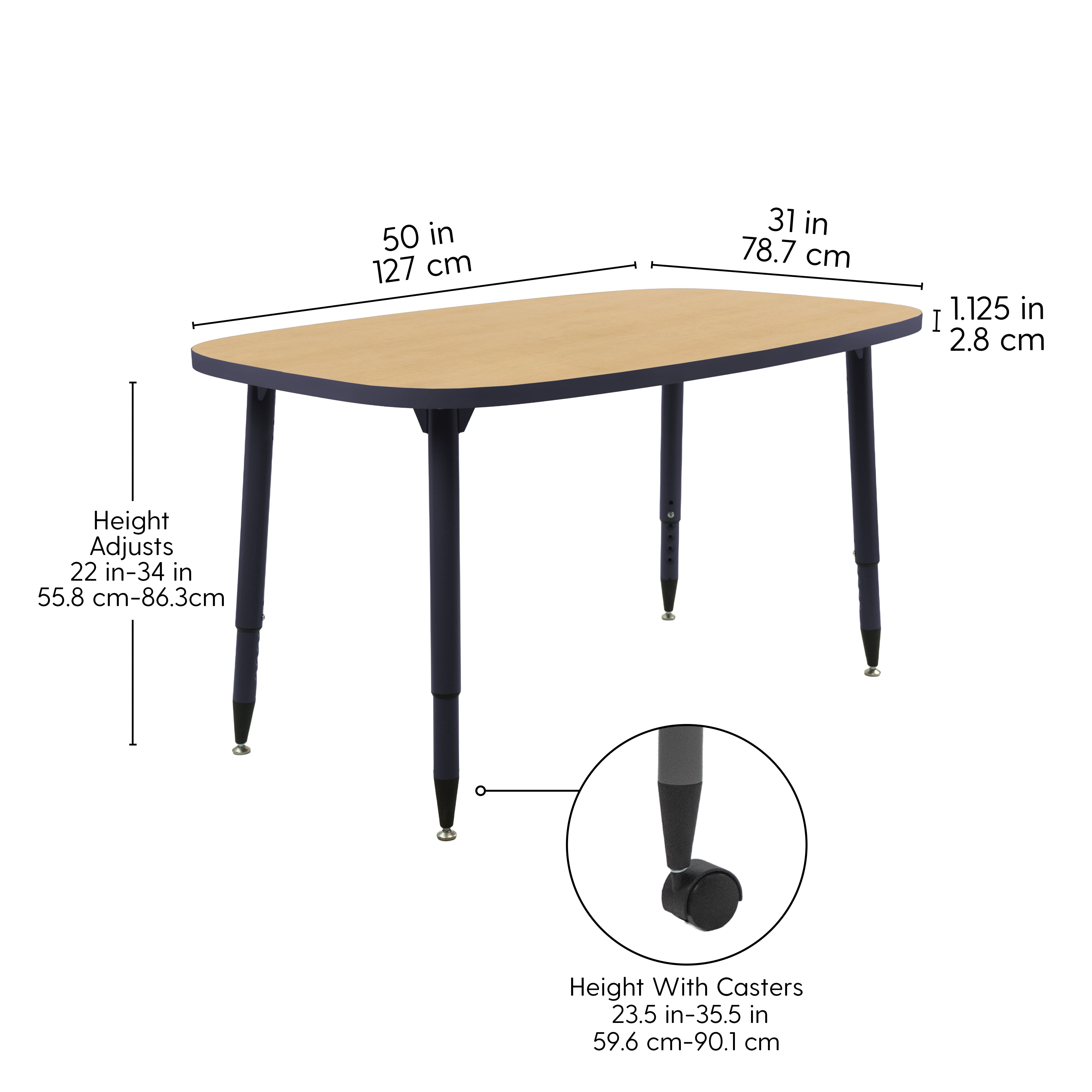 Adapte 31" x 50" Rounded Rectangle Thermofused Activity Table with Adjustable Tapered Legs - Maple/Navy