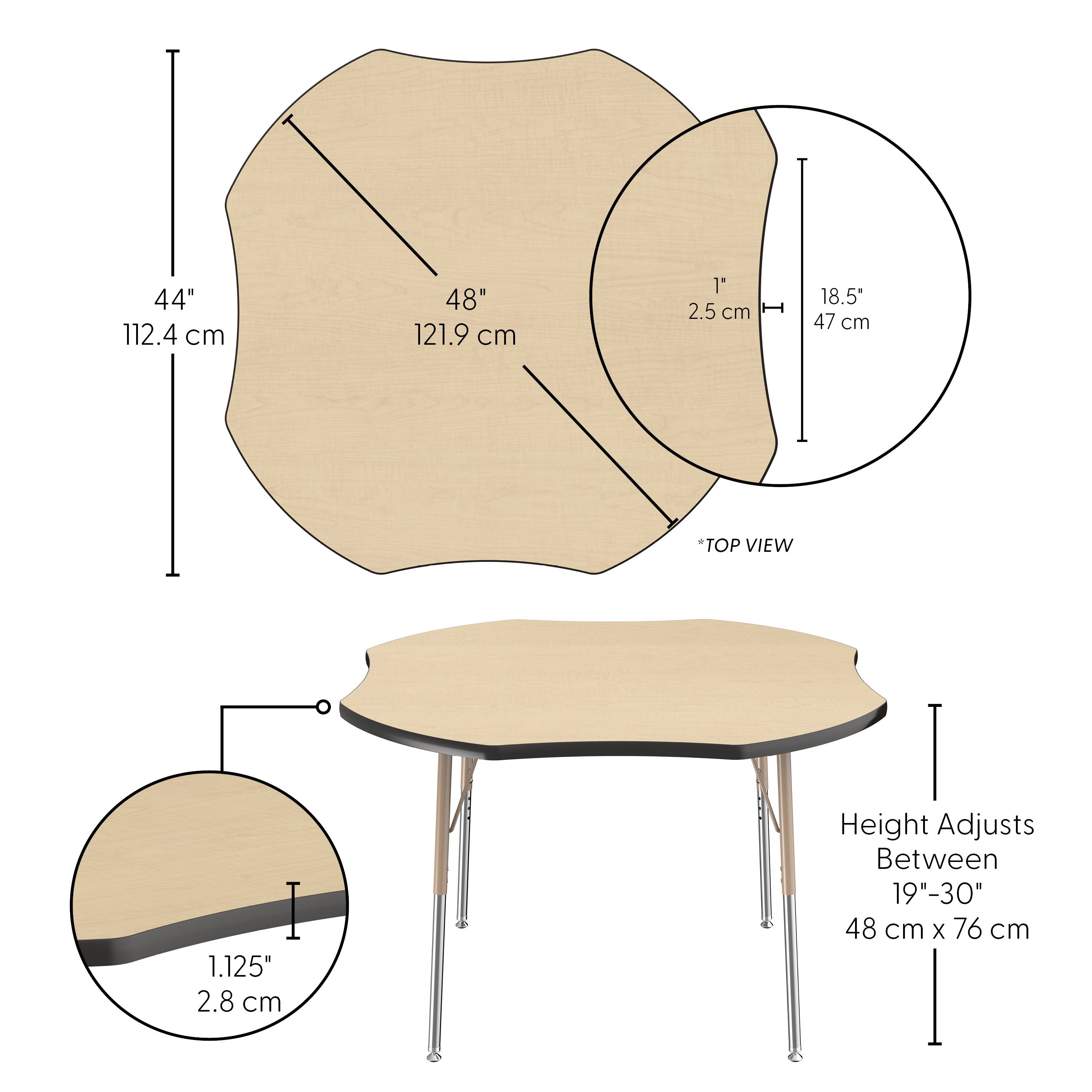48" x 48" Clover T-Molding Activity Table with Adjustable Standard Swivel Glide Legs - Maple/Black/Sand