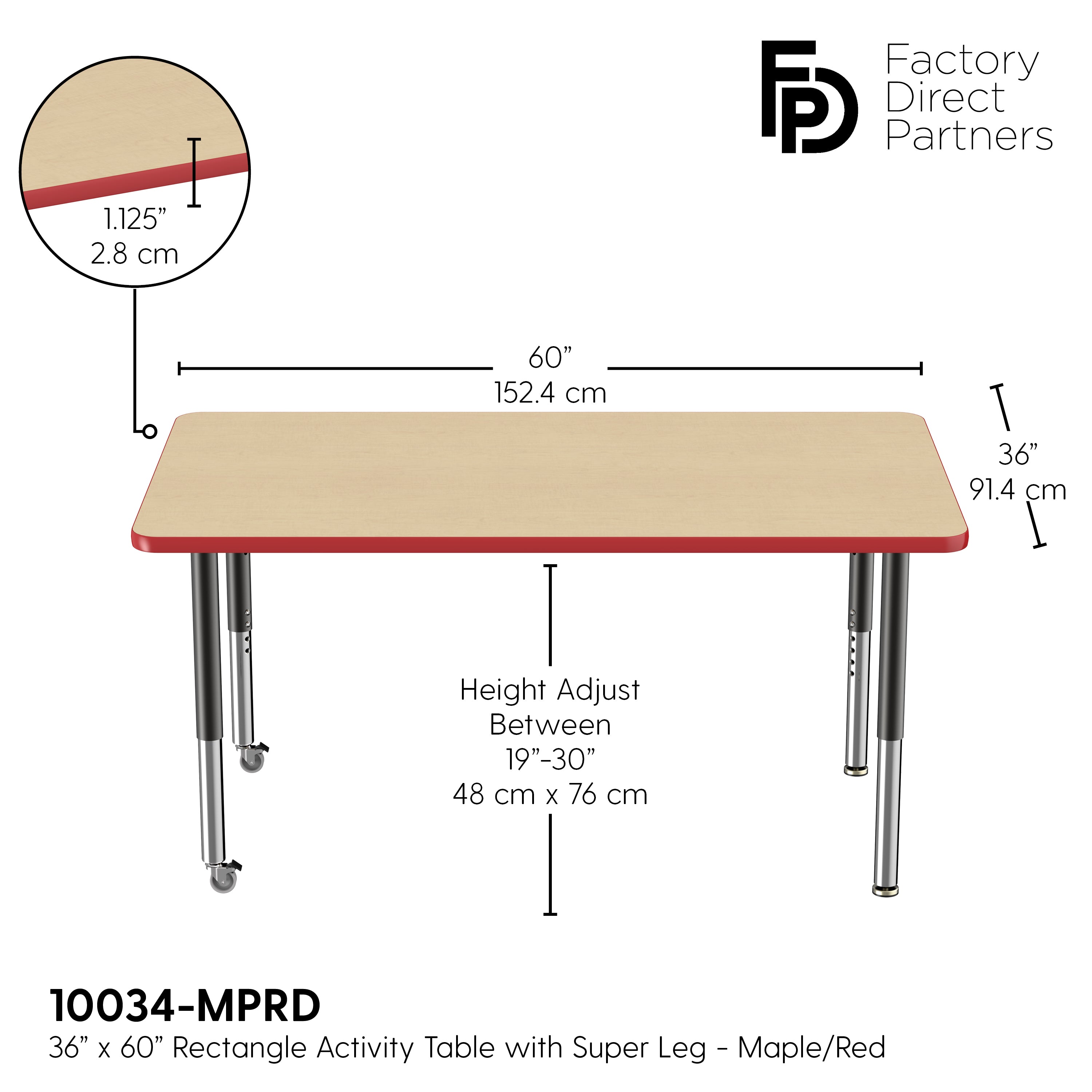 36" x 60" Rectangle T-Molding Activity Table with Adjustable Super Legs - Maple/Red/Black