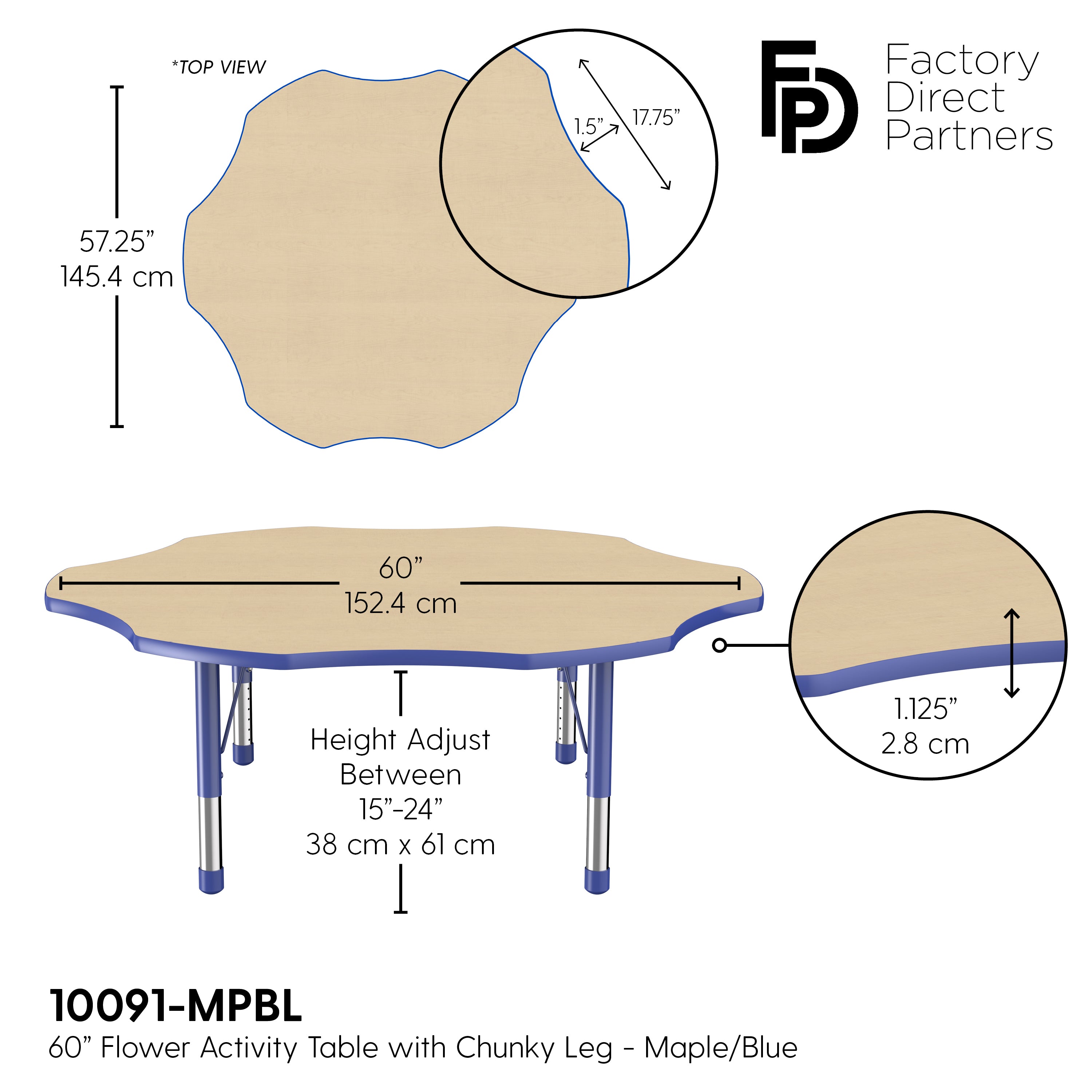 60" x 60" Flower T-Molding Activity Table with Adjustable Chunky Legs - Maple/Blue