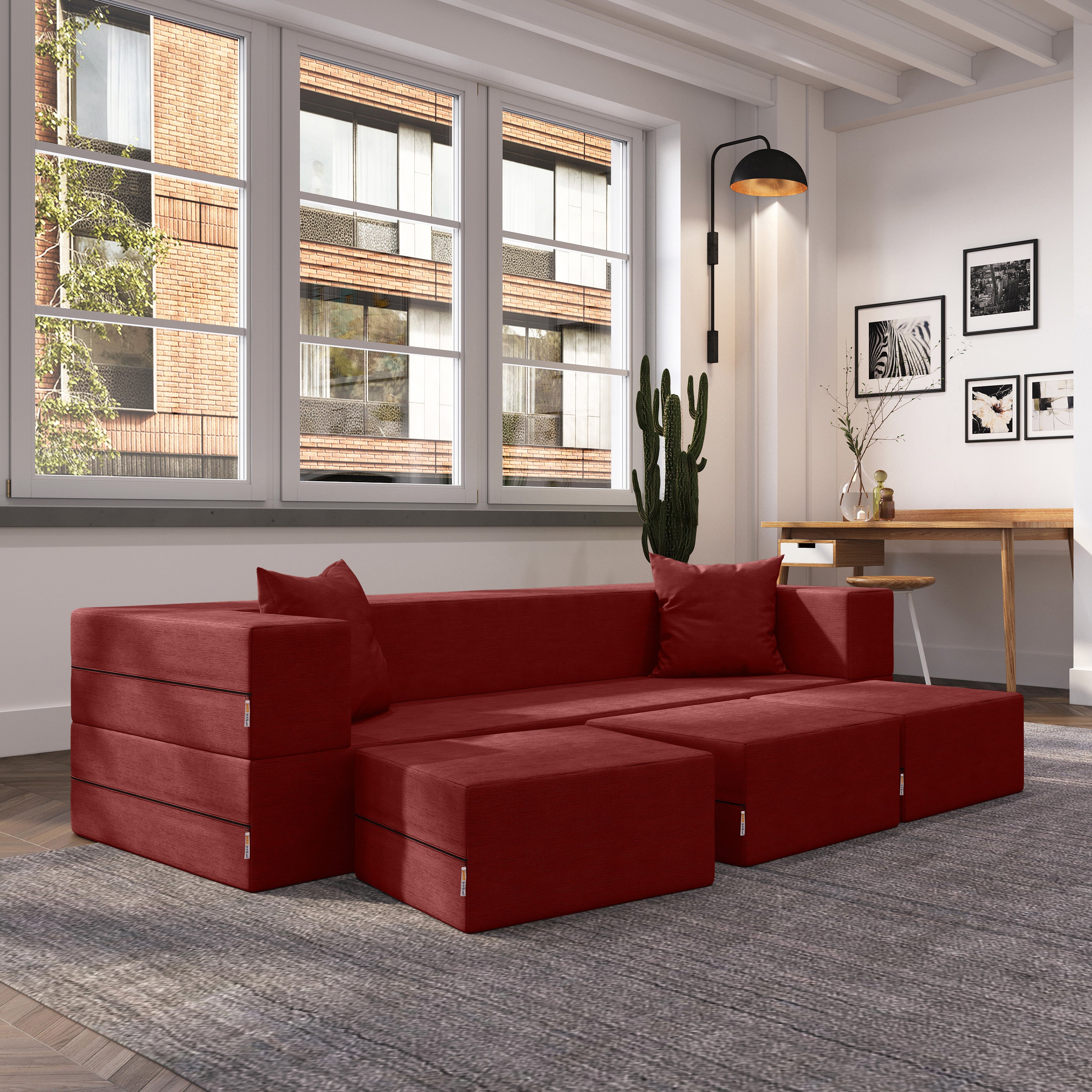 Jaxx Zipline Convertible Sleeper Sofa & Three Ottomans/California King-Size Bed, Textured Microvelvet - Berry Red