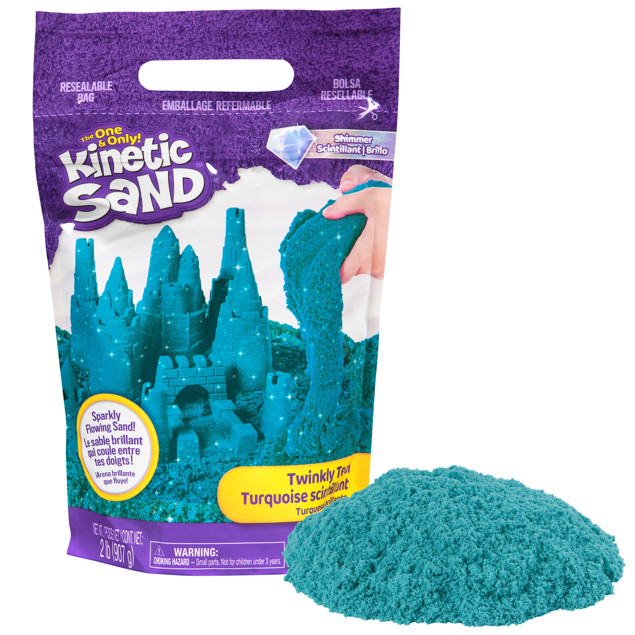 Kinetic Sand, Twinkly Teal 2lb Bag of All-Natural Shimmering Play Sand for Squishing, Mixing and Molding, Sensory Toys for Kids Ages 3 and up