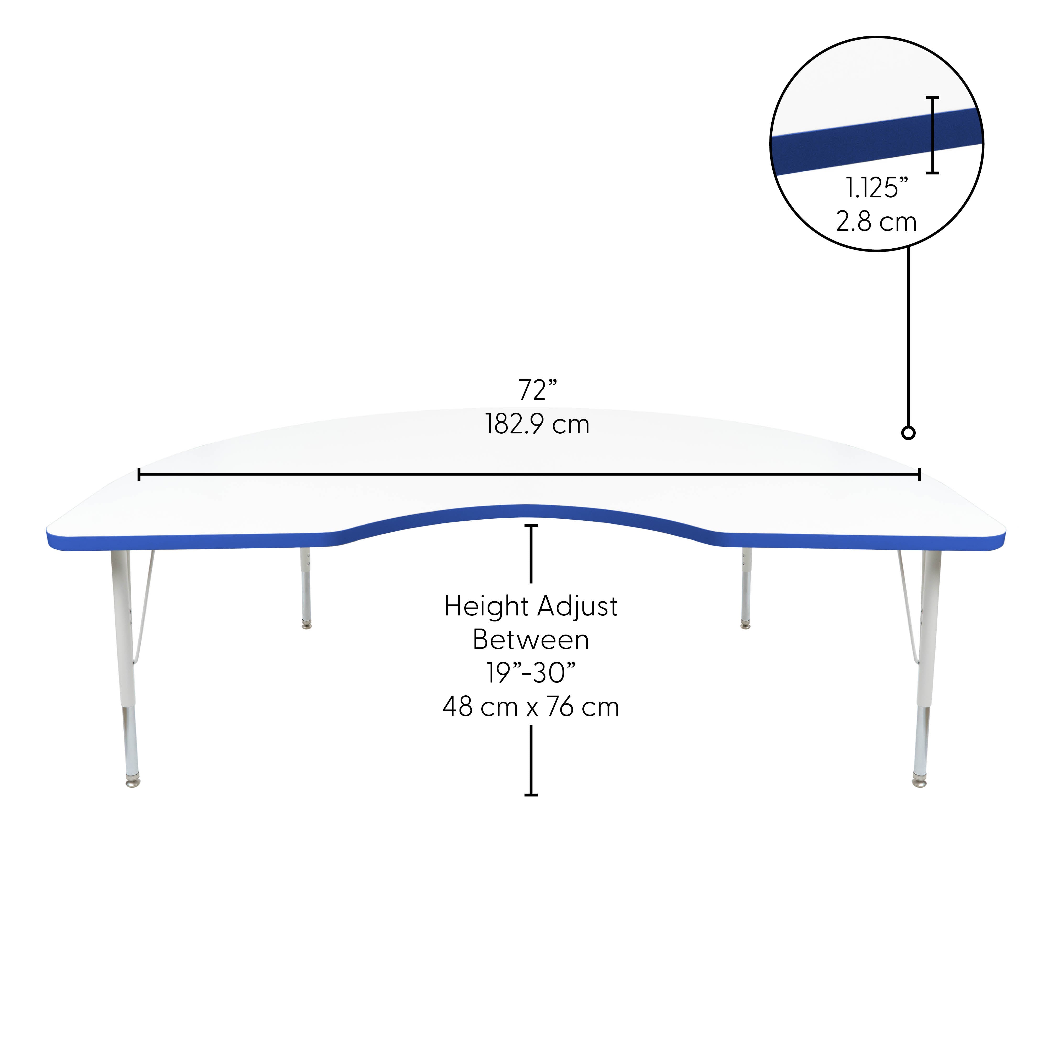 48" x 72" Kidney Thermofused Activity Table with Adjustable Standard Swivel Glide Legs - White/Blue/White