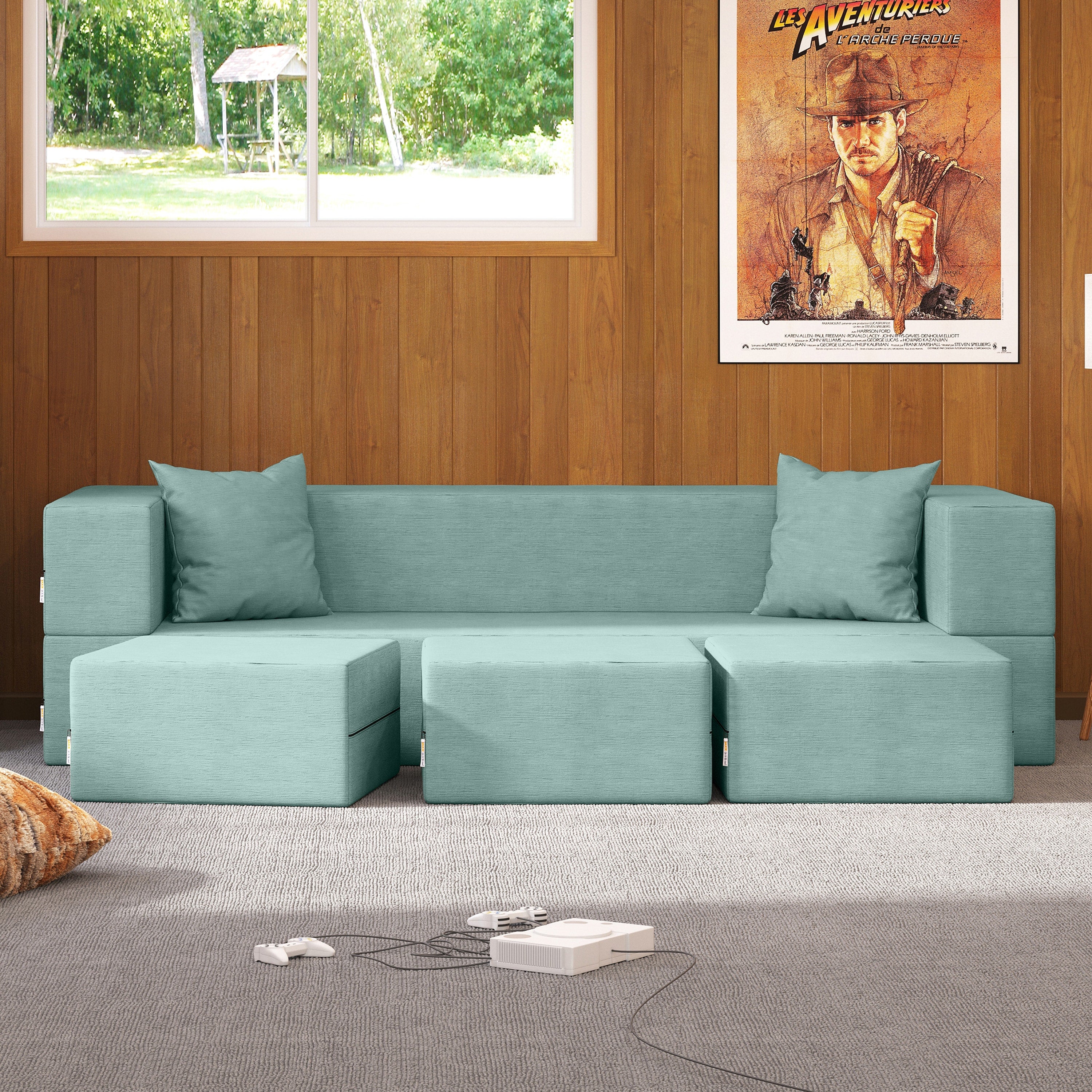 Jaxx Zipline Convertible Sleeper Sofa & Three Ottomans/California King-Size Bed, Textured Microvelvet - Caribbean