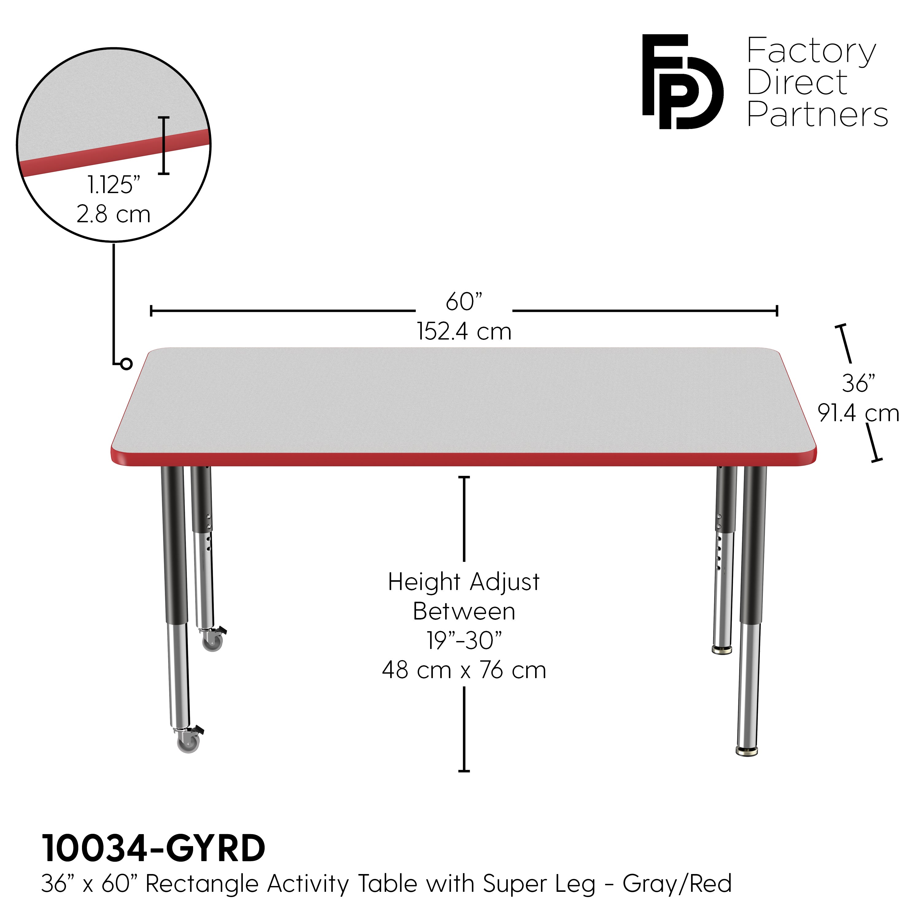 36" x 60" Rectangle T-Molding Activity Table with Adjustable Super Legs - Gray/Red/Black