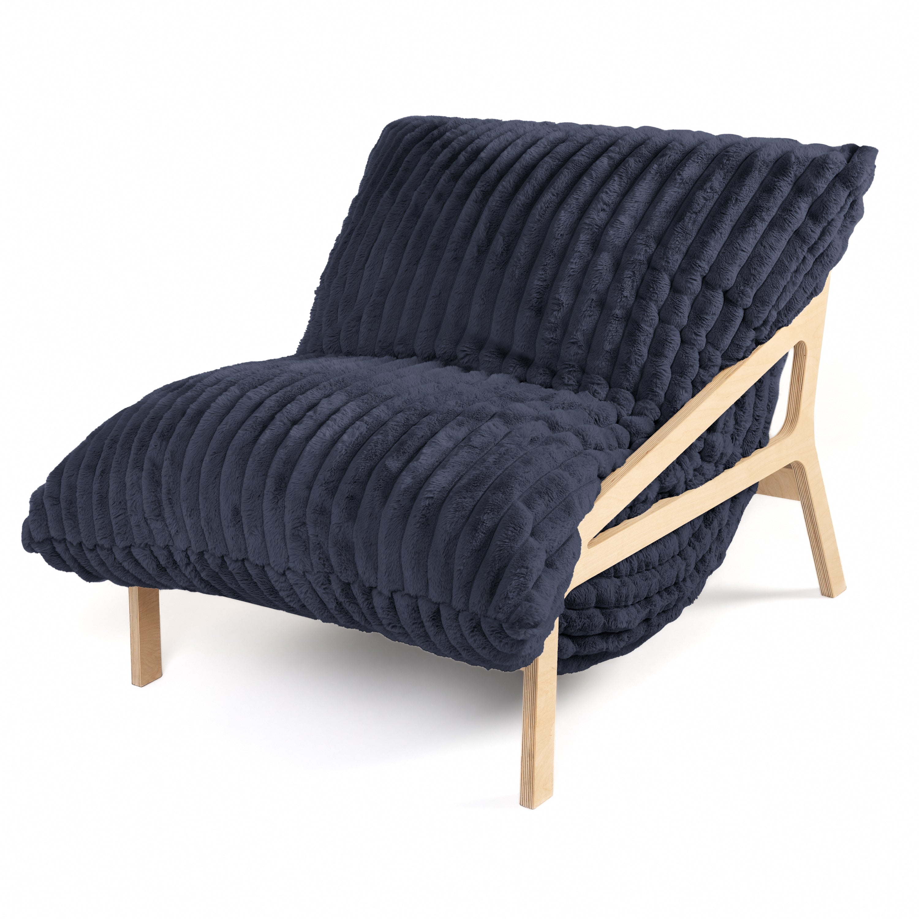 Pillow Saxx Dream Lounger with Wood Frame - 3-in-1 Bean Bag Accent Chair, Recliner & Sleeper Mondo Fur Midnight Blue