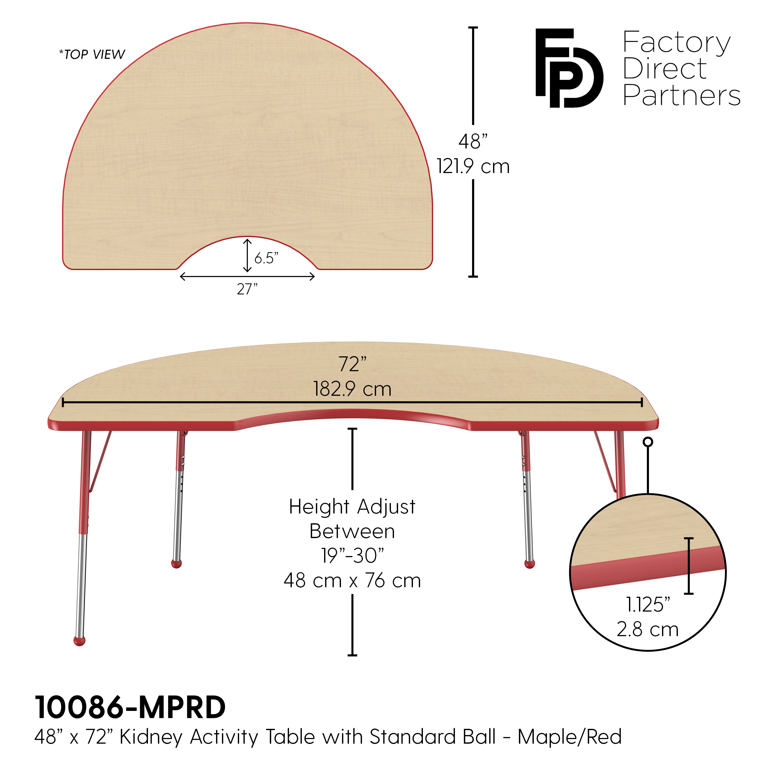 48" x 72" Kidney T-Molding Activity Table with Adjustable Standard Ball Glide Legs - Maple/Red