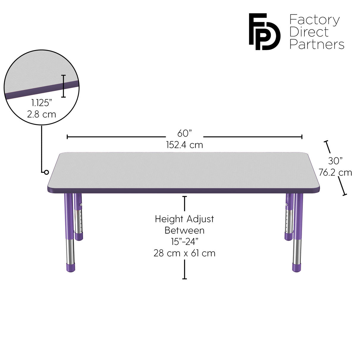 30" x 60" Rectangle T-Molding Activity Table with Adjustable Chunky Legs - Gray/Purple