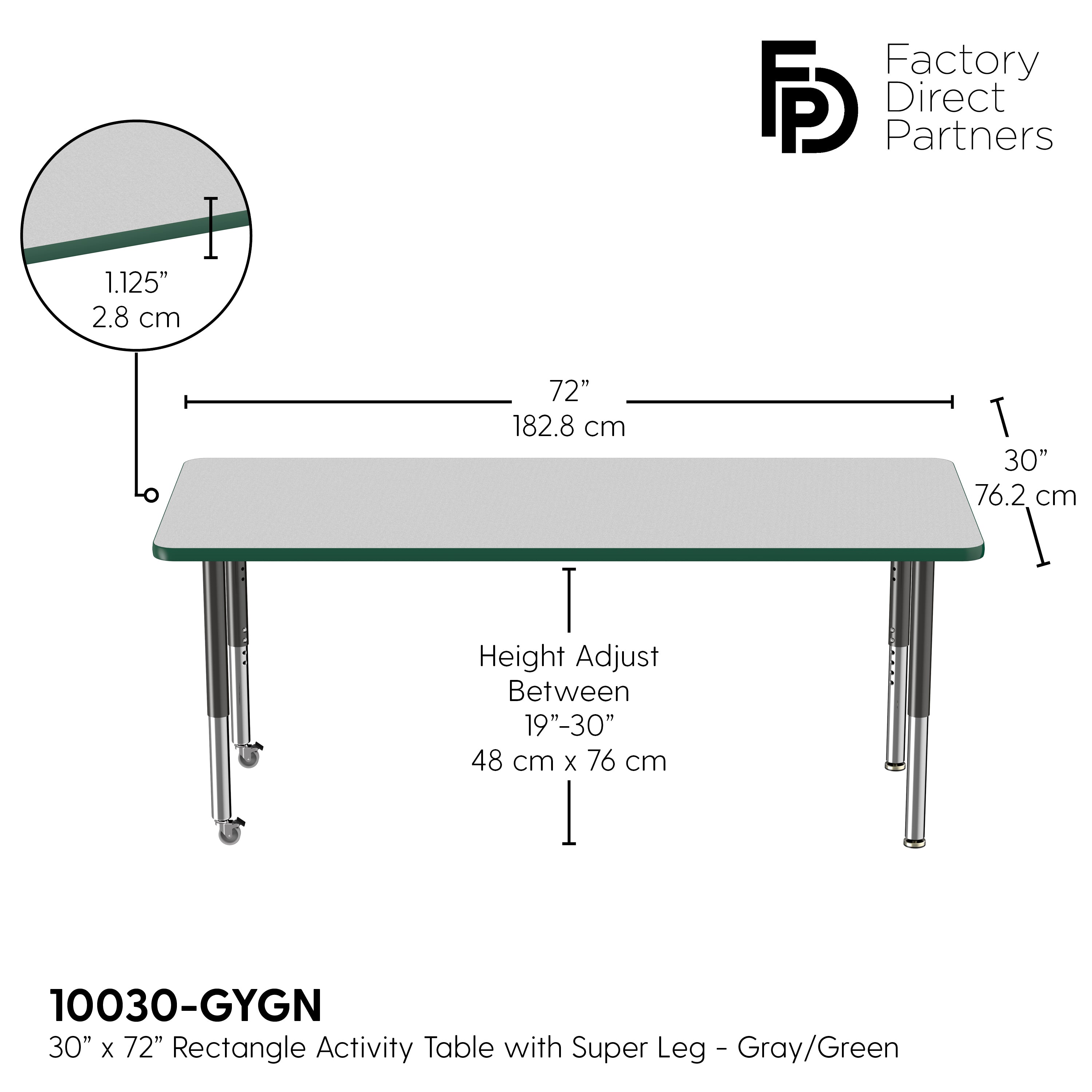30" x 72" Rectangle T-Molding Activity Table with Adjustable Super Legs - Gray/Green/Black