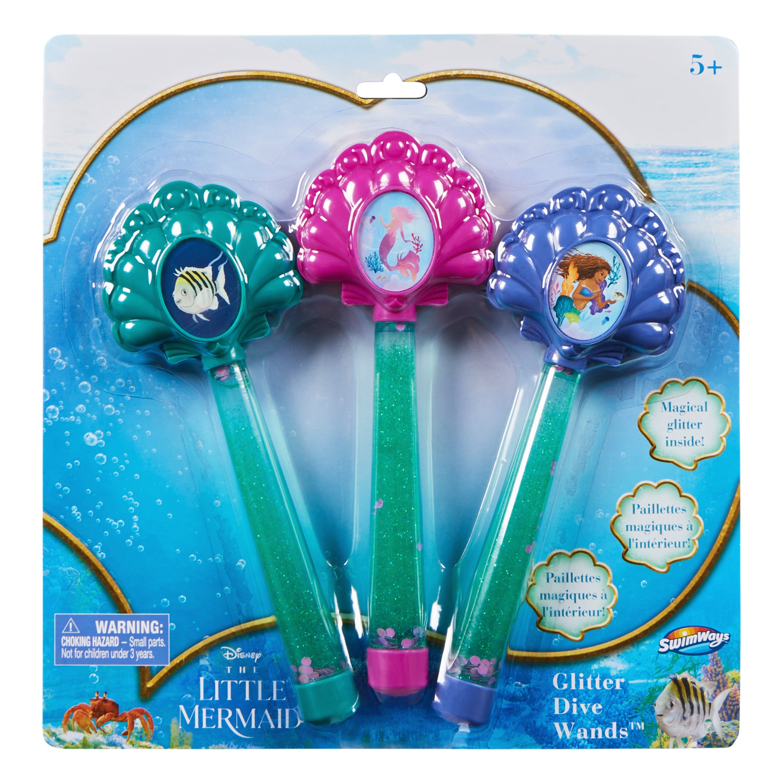 SwimWays Disney Princess Ariel Glitter Dive Wands Diving Toys 3 Pack, Bath Toys and Pool Party Supplies for Kids Ages 5 and Up, Styles May Vary