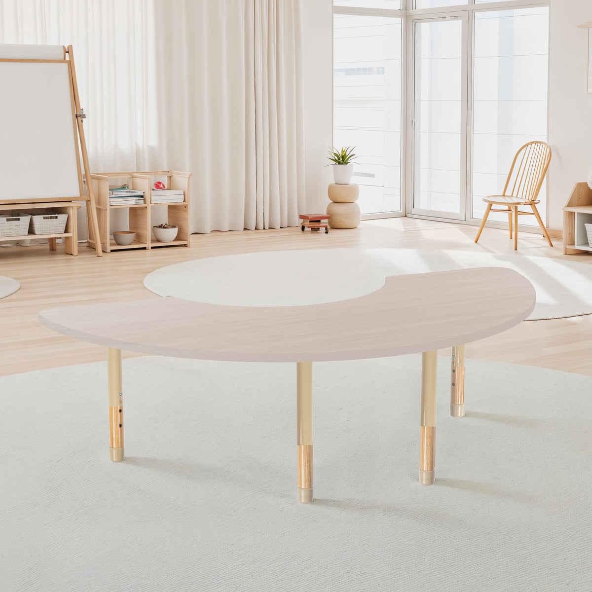 36" x 72" Half Moon Thermofused Activity Table with Adjustable Chunky Wood Legs - Asian Sand/Sand/Natural