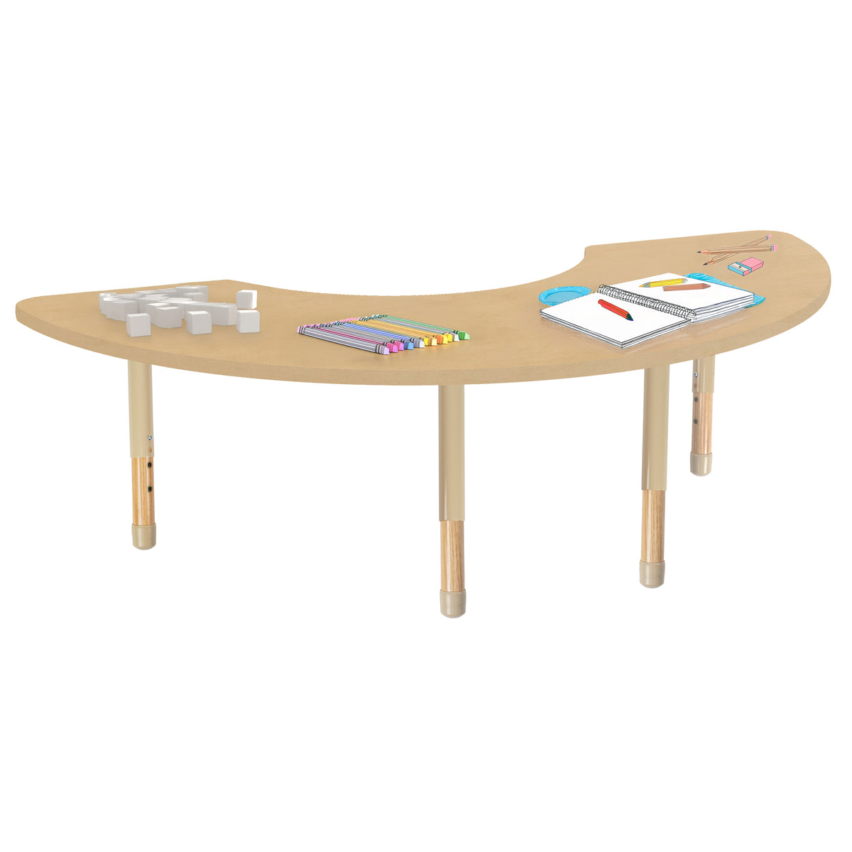 36" x 72" Half Moon Thermofused Activity Table with Adjustable Chunky Wood Legs - Maple Grain/Sand/Natural