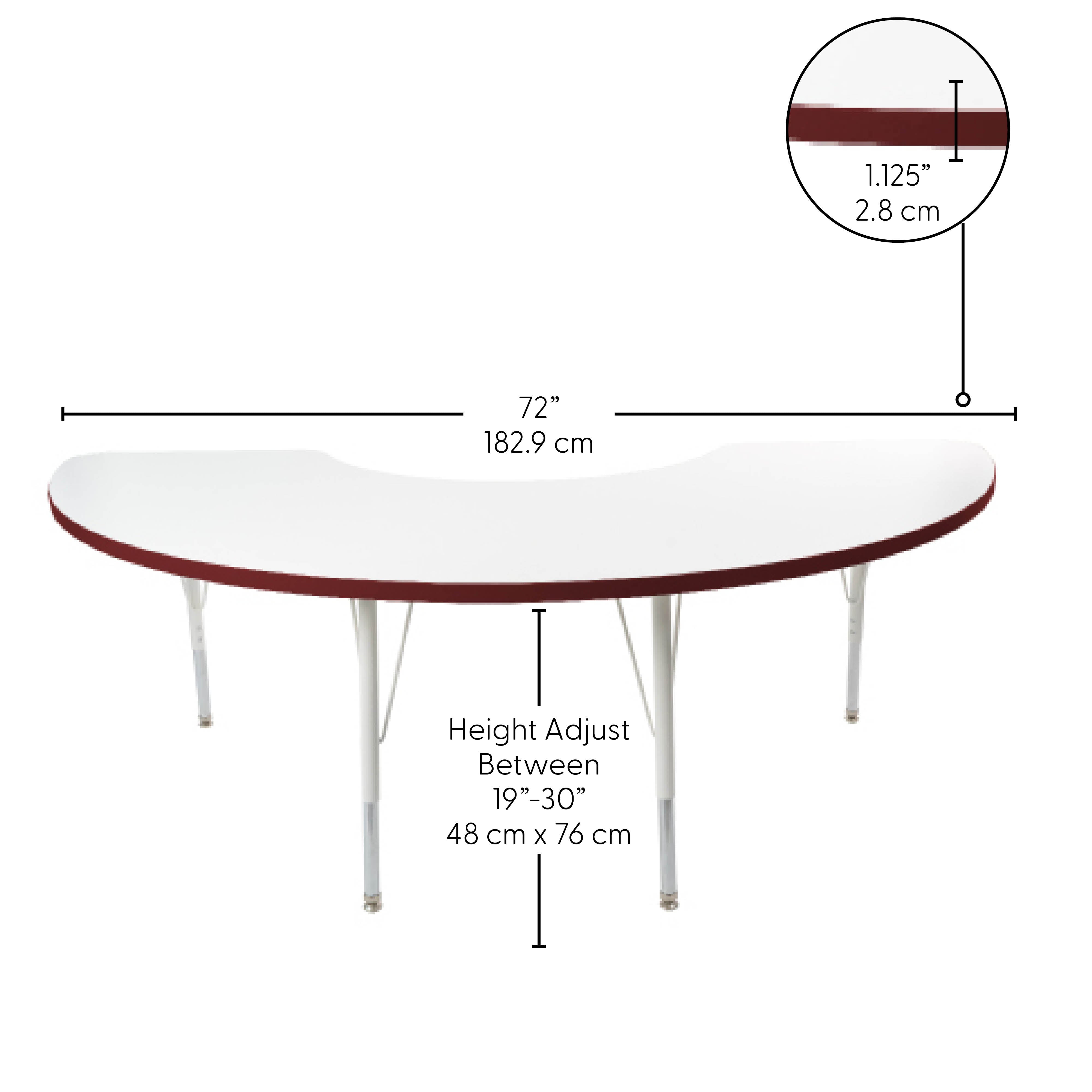 36" x 72" Half Moon Thermofused Activity Table with Adjustable Standard Swivel Glide Legs - White/Burgundy/White