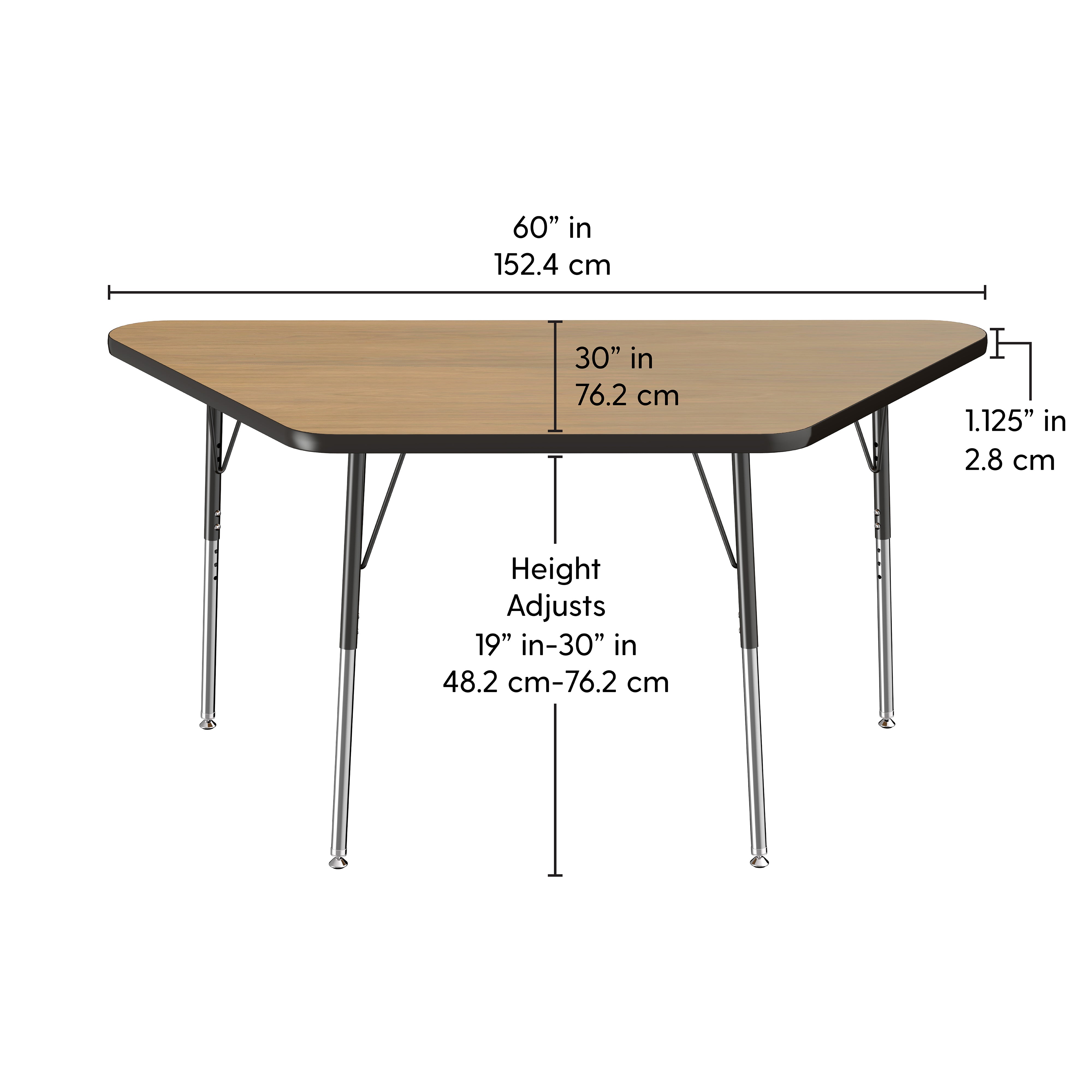 30" x 60" Trapezoid T-Molding Activity Table with Adjustable Standard Swivel Glide Legs - Pasadena Oak/Black