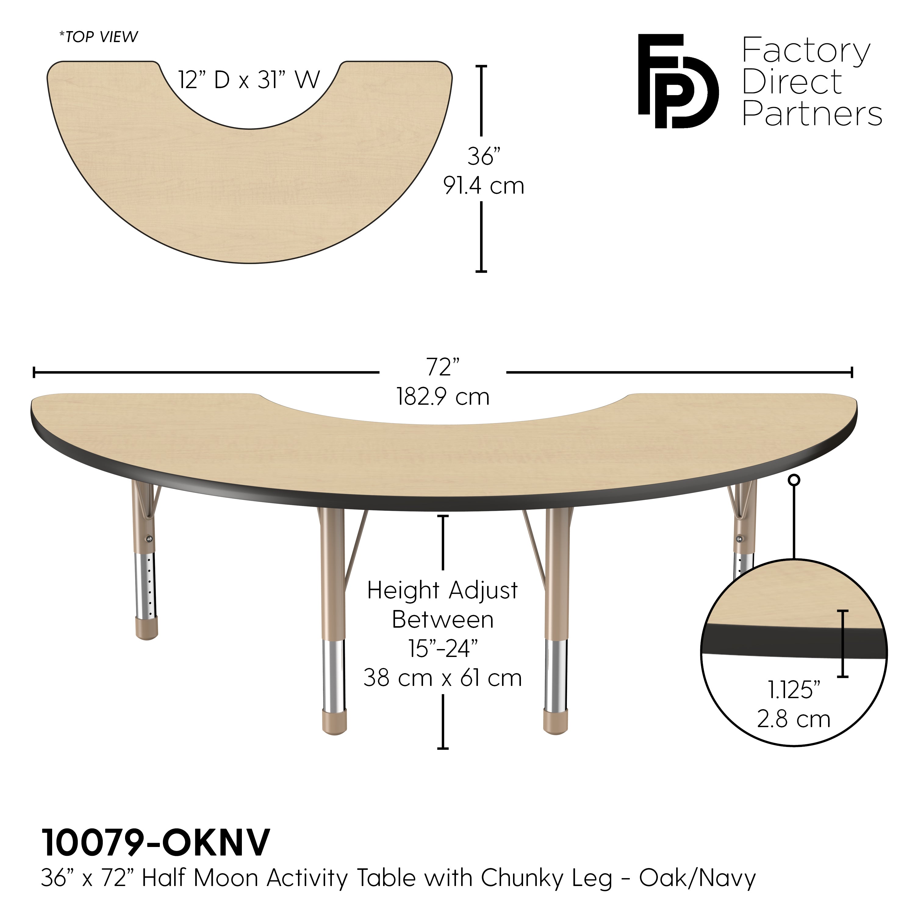 36" x 72" Half Moon T-Molding Activity Table with Adjustable Chunky Legs - Maple/Black/Sand