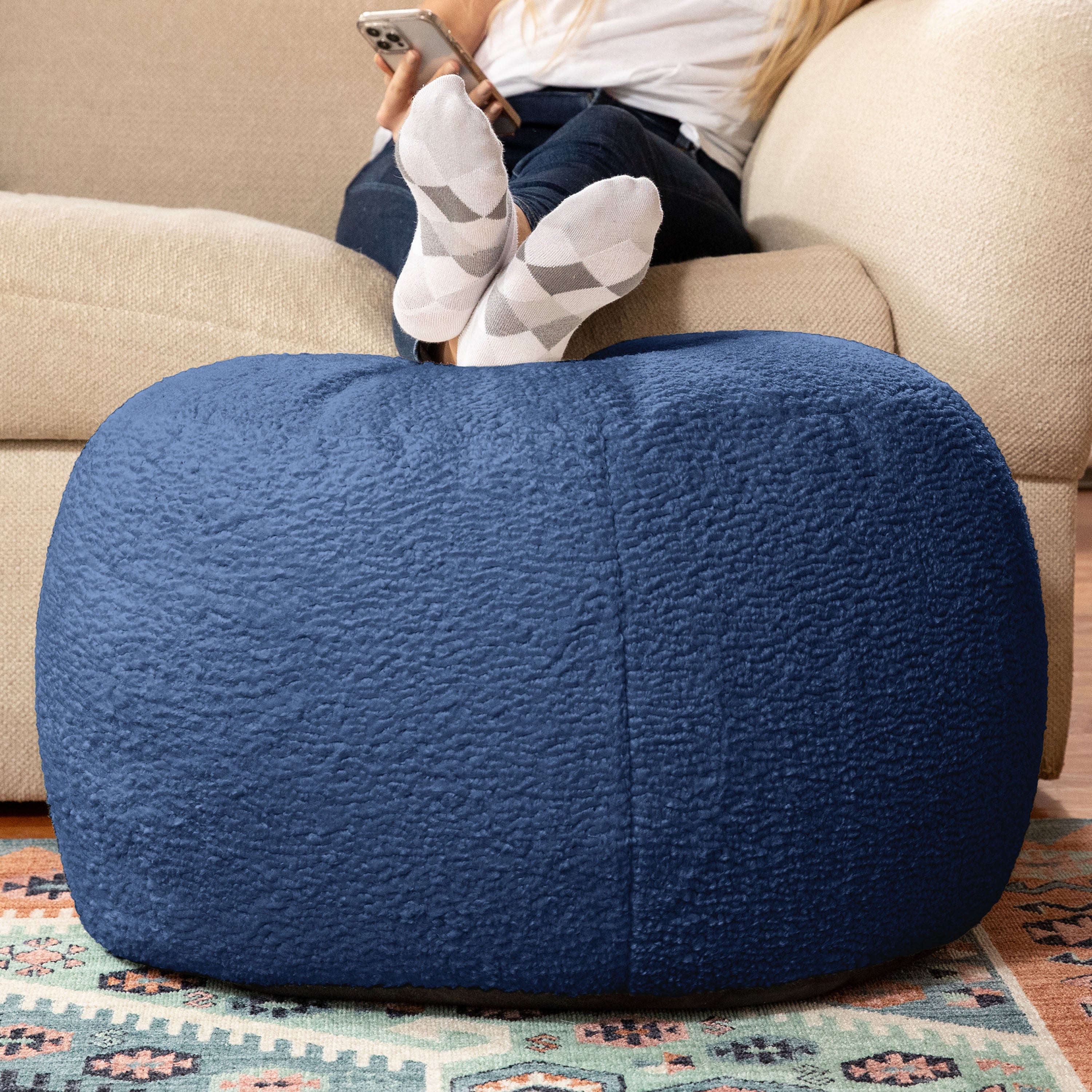 Jaxx Ellis Ottoman Shearling Faux-Lamb Plush Pouf for Modern Interior Design, Large, Indigo