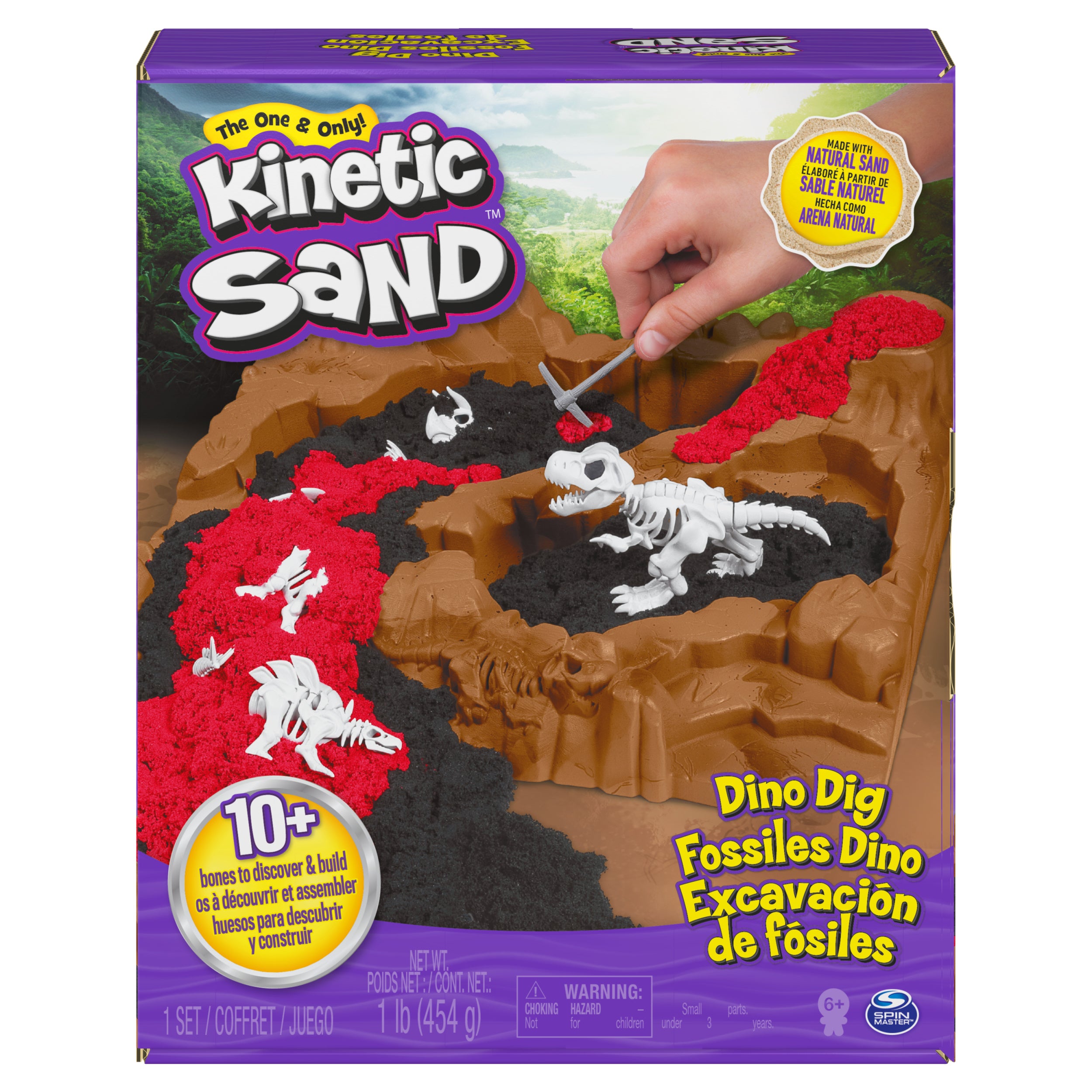Kinetic Sand, Dino Dig Playset with 10 Hidden Dinosaur Bones, Play Sand Sensory Toys for Kids Aged 6 and up