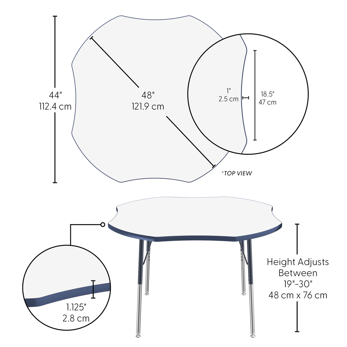 48" x 48" Clover Dry-Erase Activity Table with Adjustable Standard Swivel Glide Legs - Whiteboard/Navy