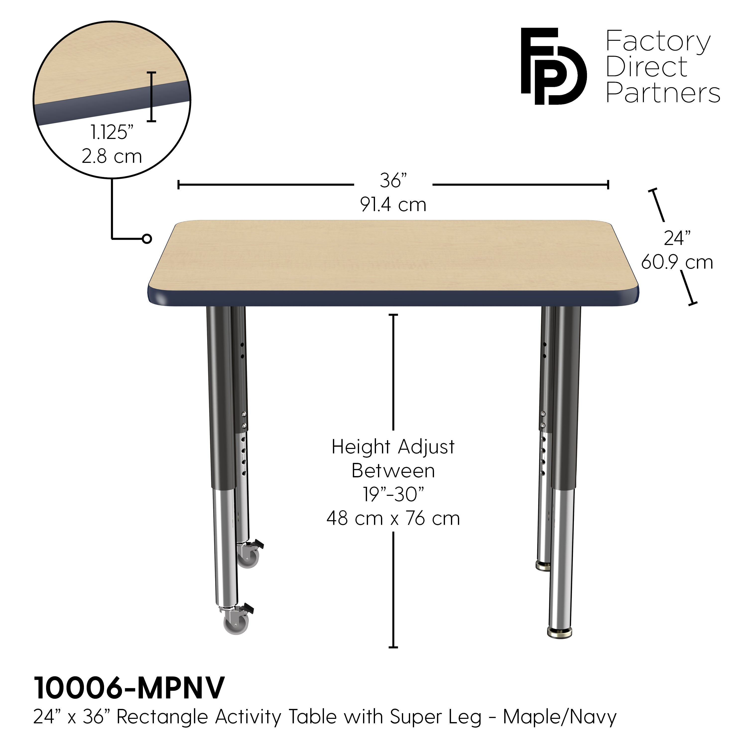 24" x 36" Rectangle T-Molding Activity Table with Adjustable Super Legs - Maple/Navy/Black