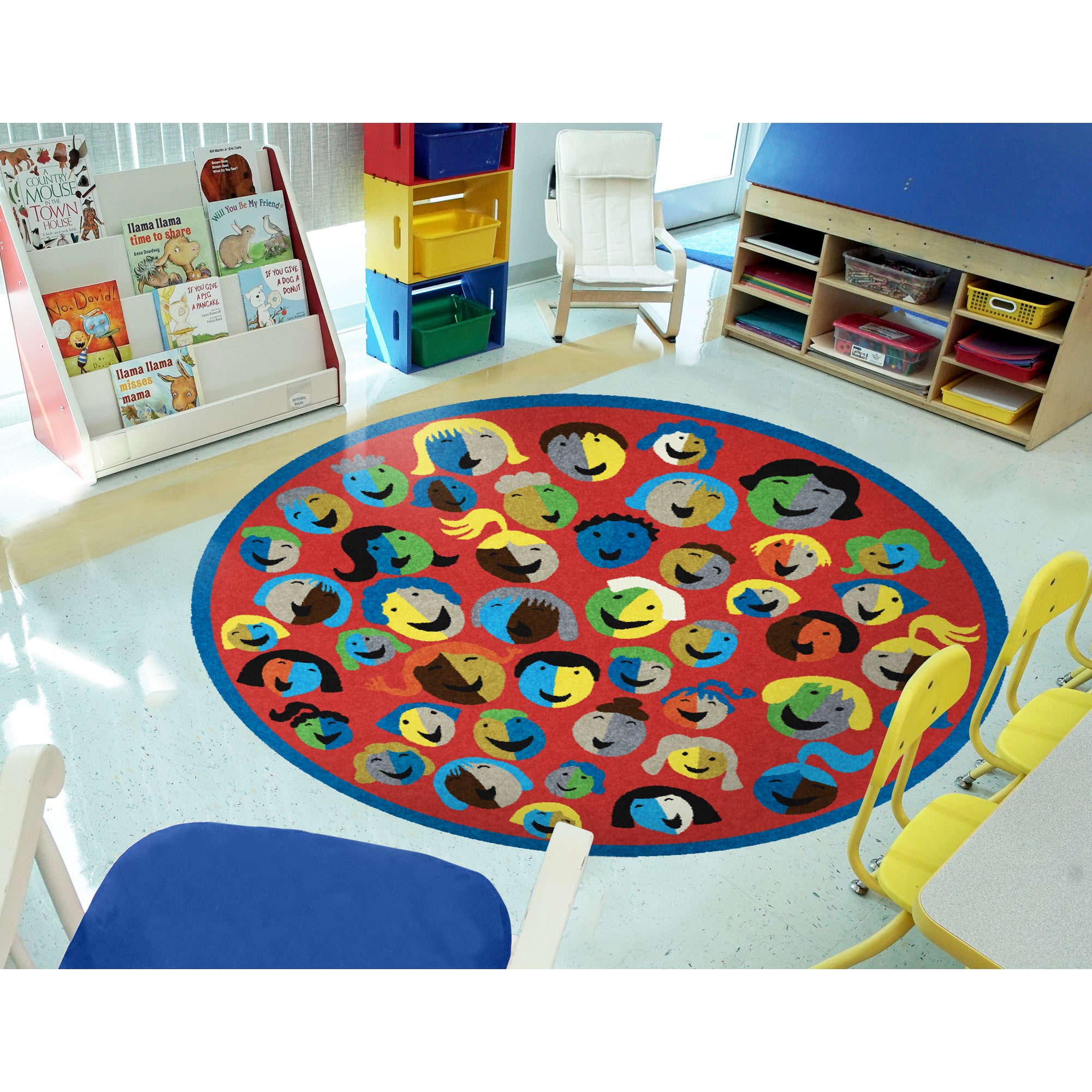 Joyful Faces 7'7" Round area rug in color Red