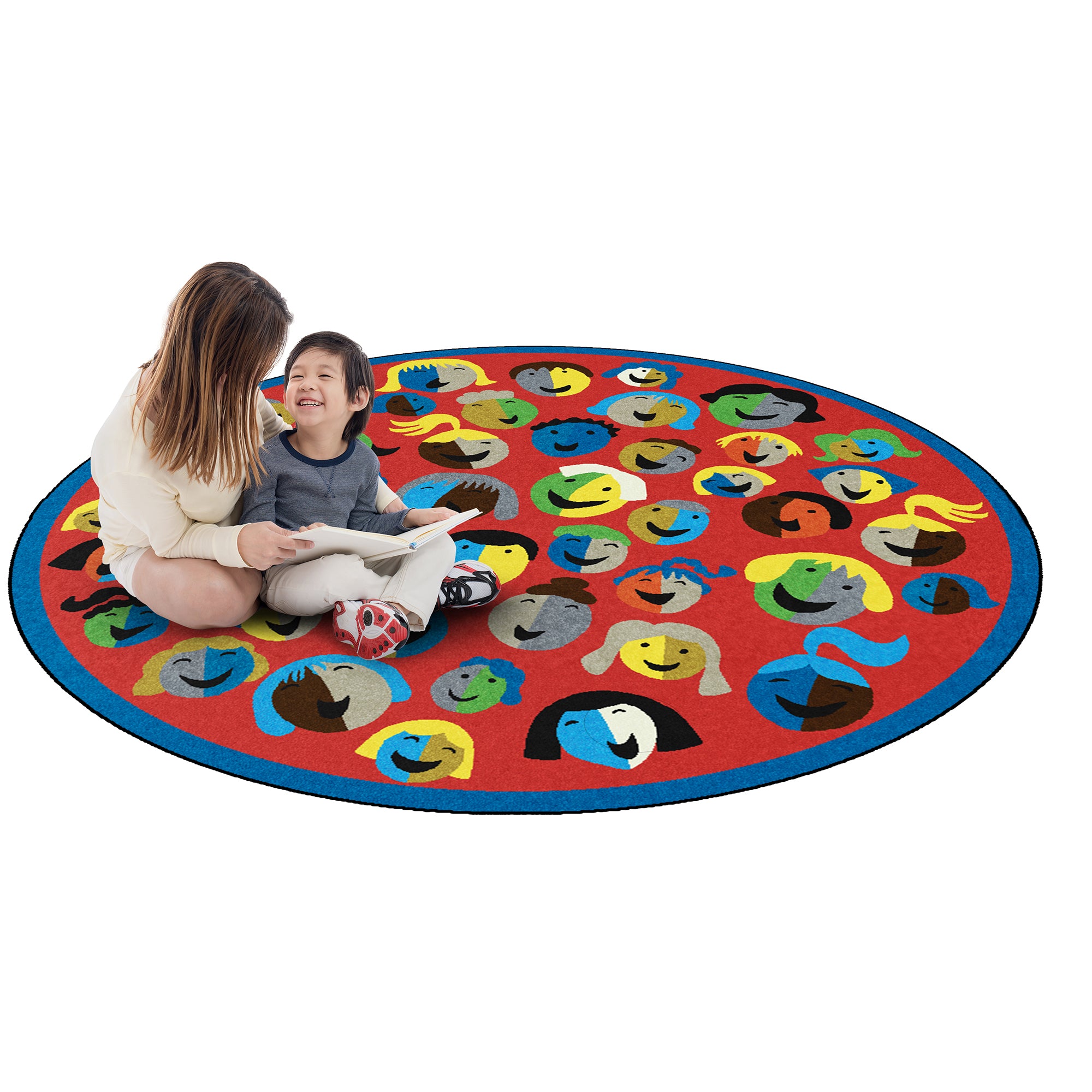Joyful Faces 7'7" Round area rug in color Red