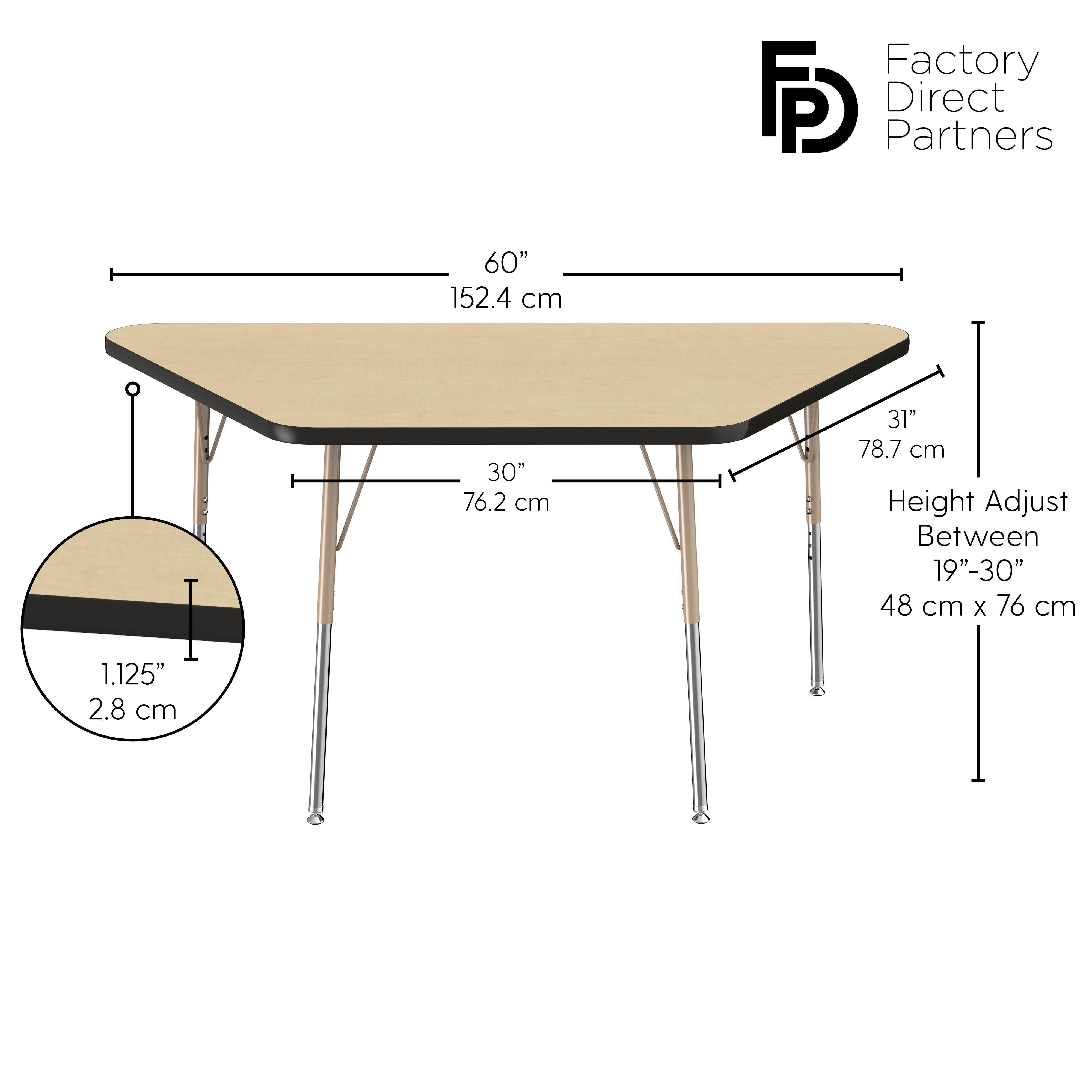 30" x 60" Trapezoid T-Molding Activity Table with Adjustable Standard Swivel Glide Legs - Maple/Black/Sand