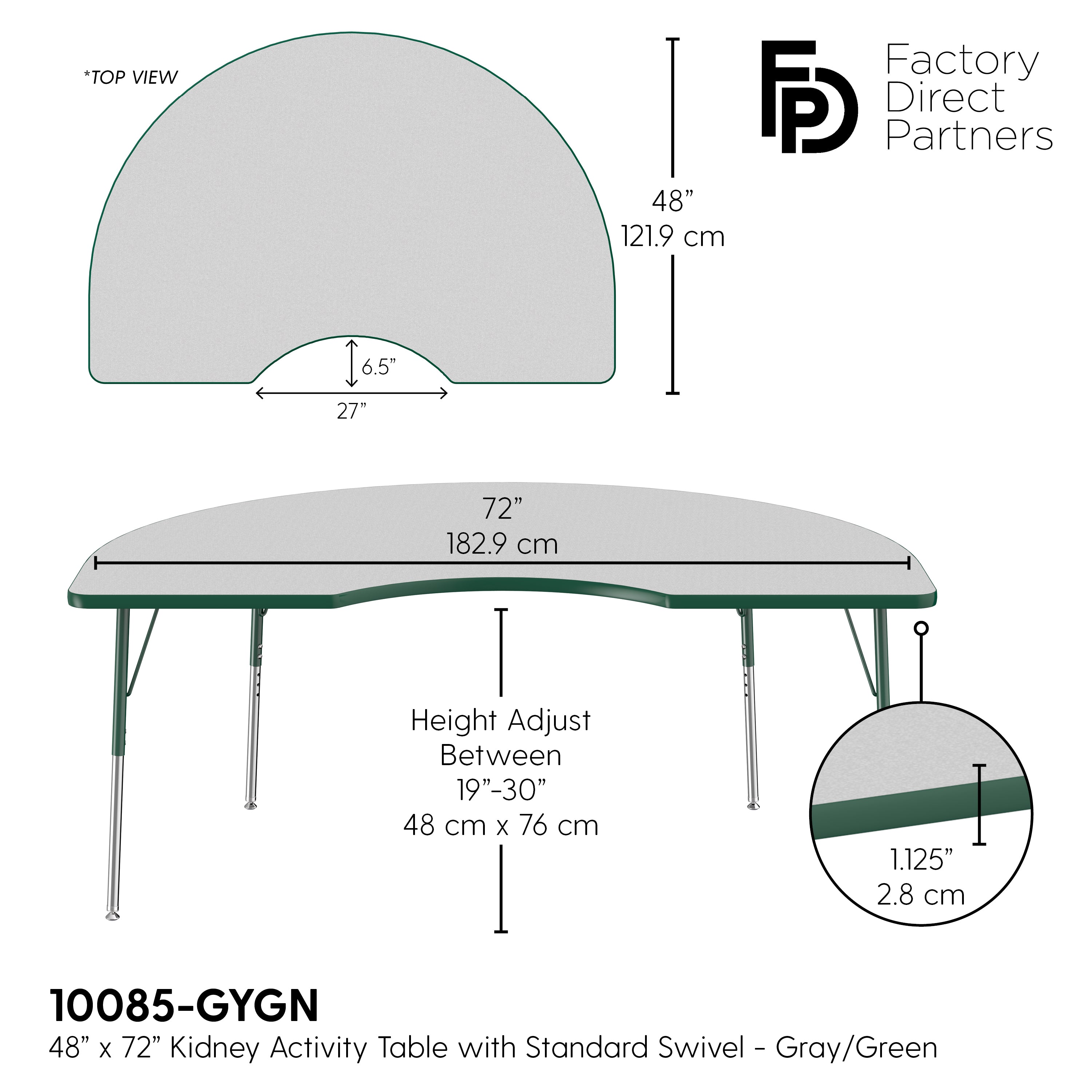 48" x 72" Kidney T-Molding Activity Table with Adjustable Standard Swivel Glide Legs - Gray/Green