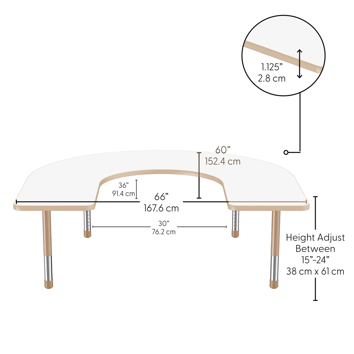 60" x 66" Horseshoe Dry-Erase Activity Table with Adjustable Chunky Legs - Whiteboard/Sand