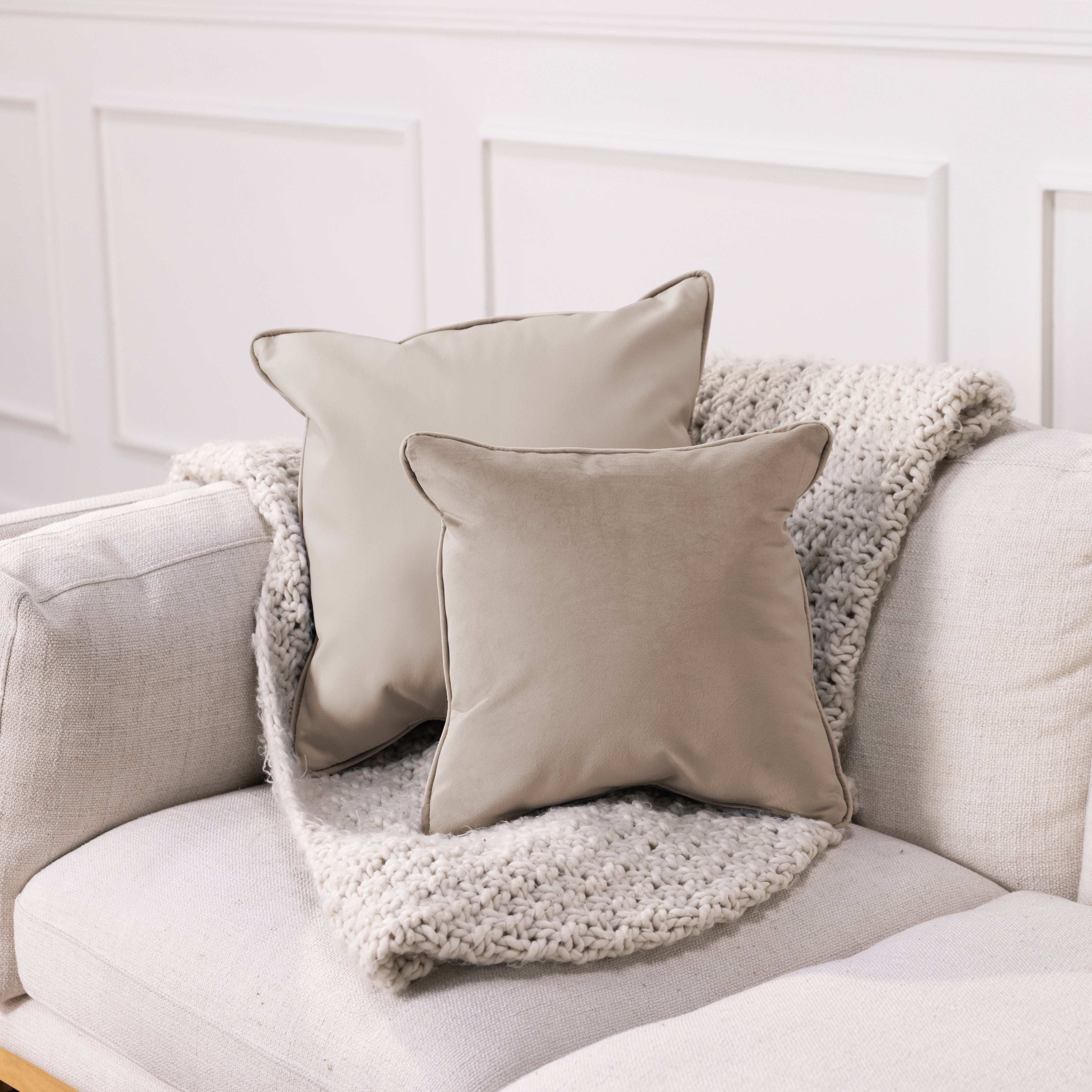 15" x 15" Square Microfiber and Faux Leather Pillow with Piping, 2-Piece - Caffe