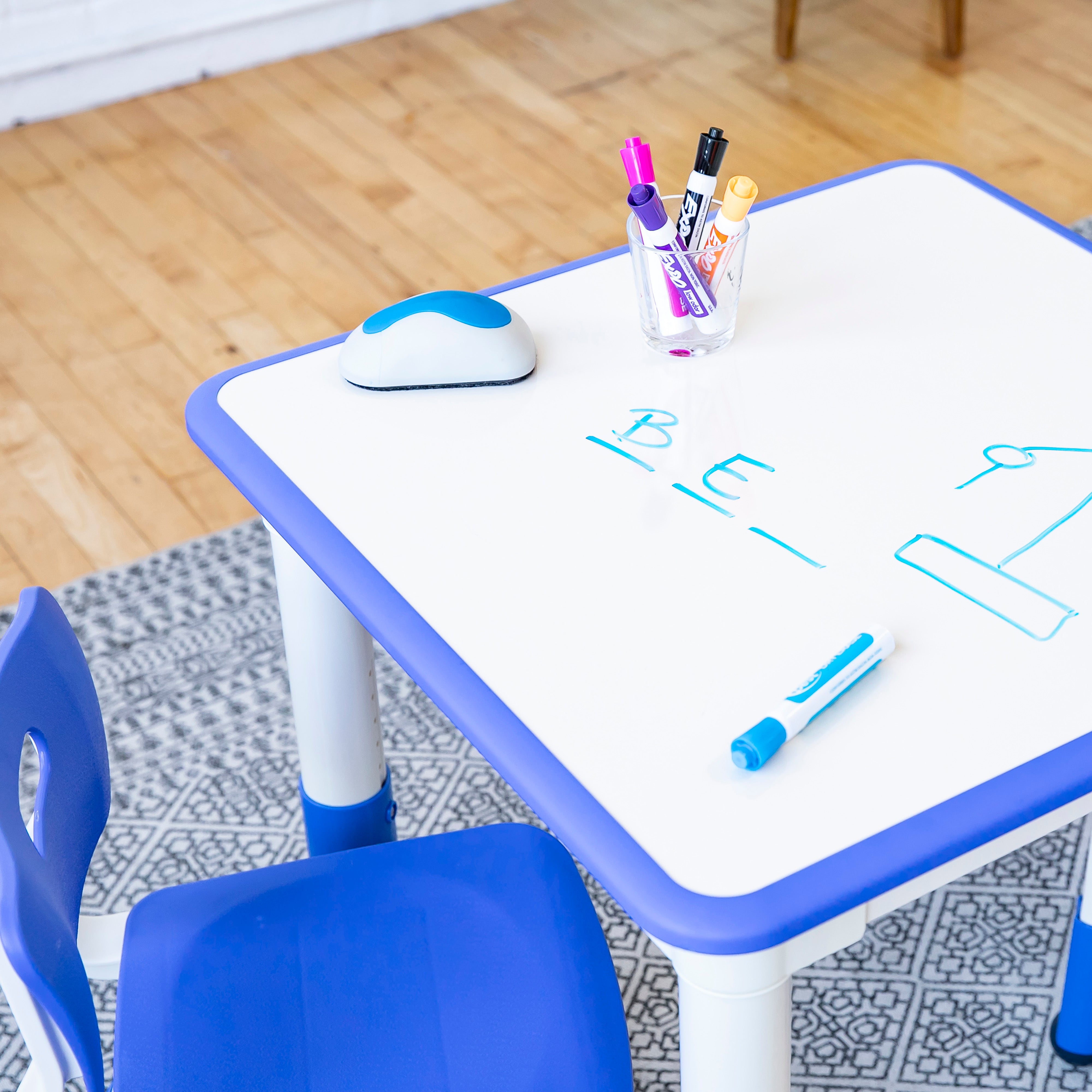 23in x 23in Square Dry-Erase Activity Table and 2 Adjustable Height Plastic Chairs - Blue