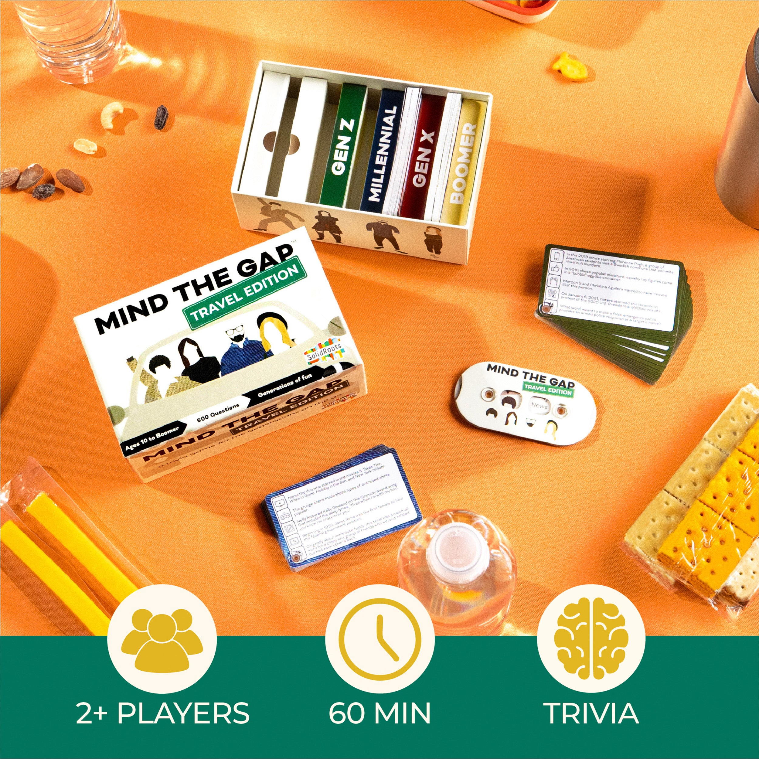 Spin Master Games, SolidRoots Mind the Gap Travel Edition, A Trivia Game for All Generations, Road Trip Fun on the Go, 2-12 Players, for Ages 10 & Up