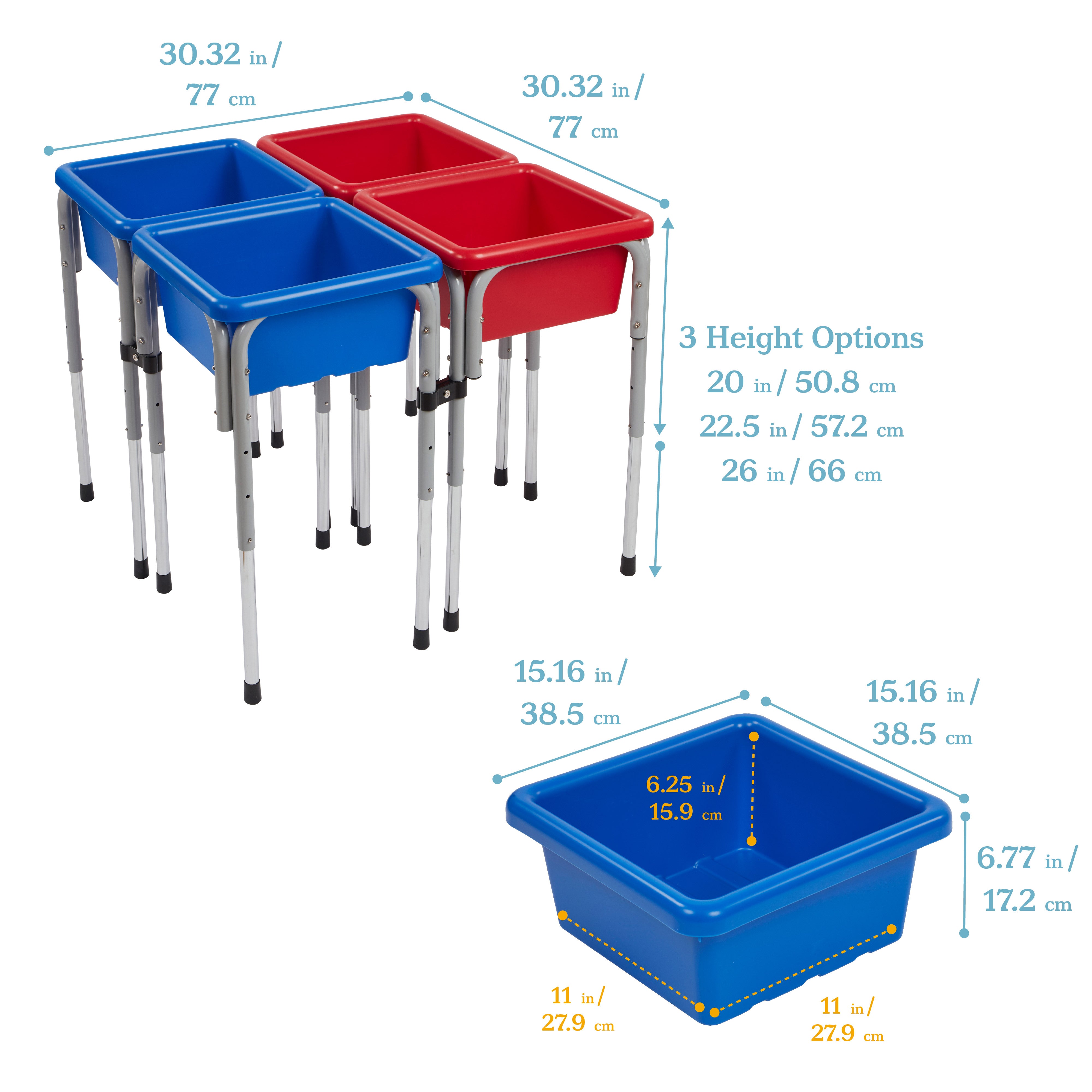 4 Station Square Sand and Water Table with Lids - Blue/Red