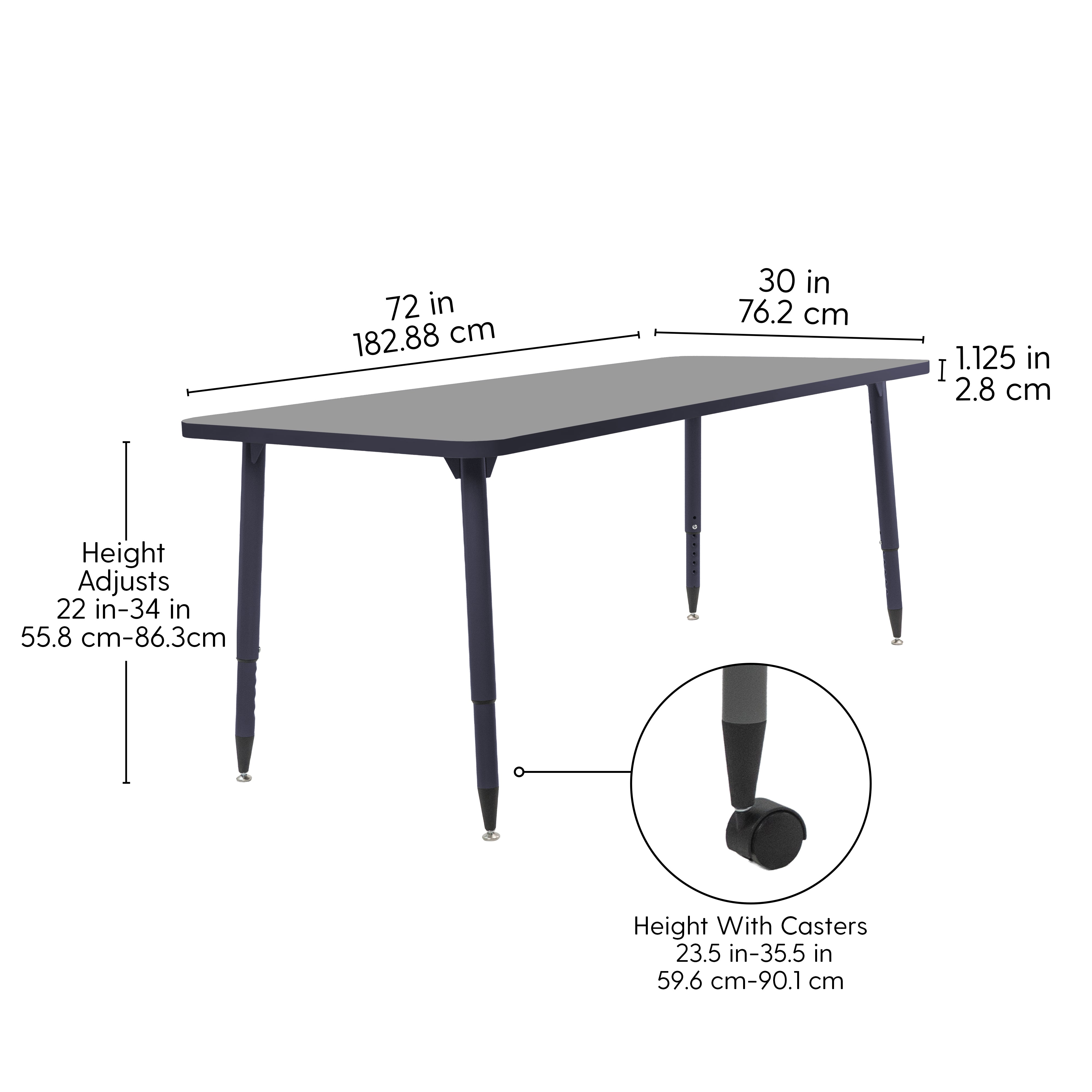 Adapte 30" x 72" Rectangle Activity Table with Adjustable Tapered Legs - North Sea/Navy