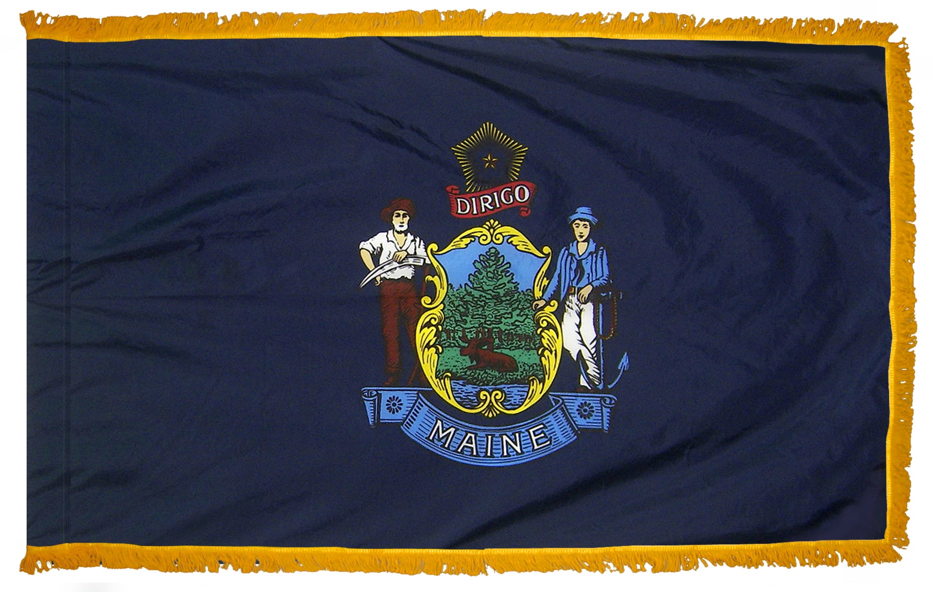 Maine State Flag 3x5 ft. Nylon with Pole Sleeve and Gold Fringe for Parades, and Indoor Display
