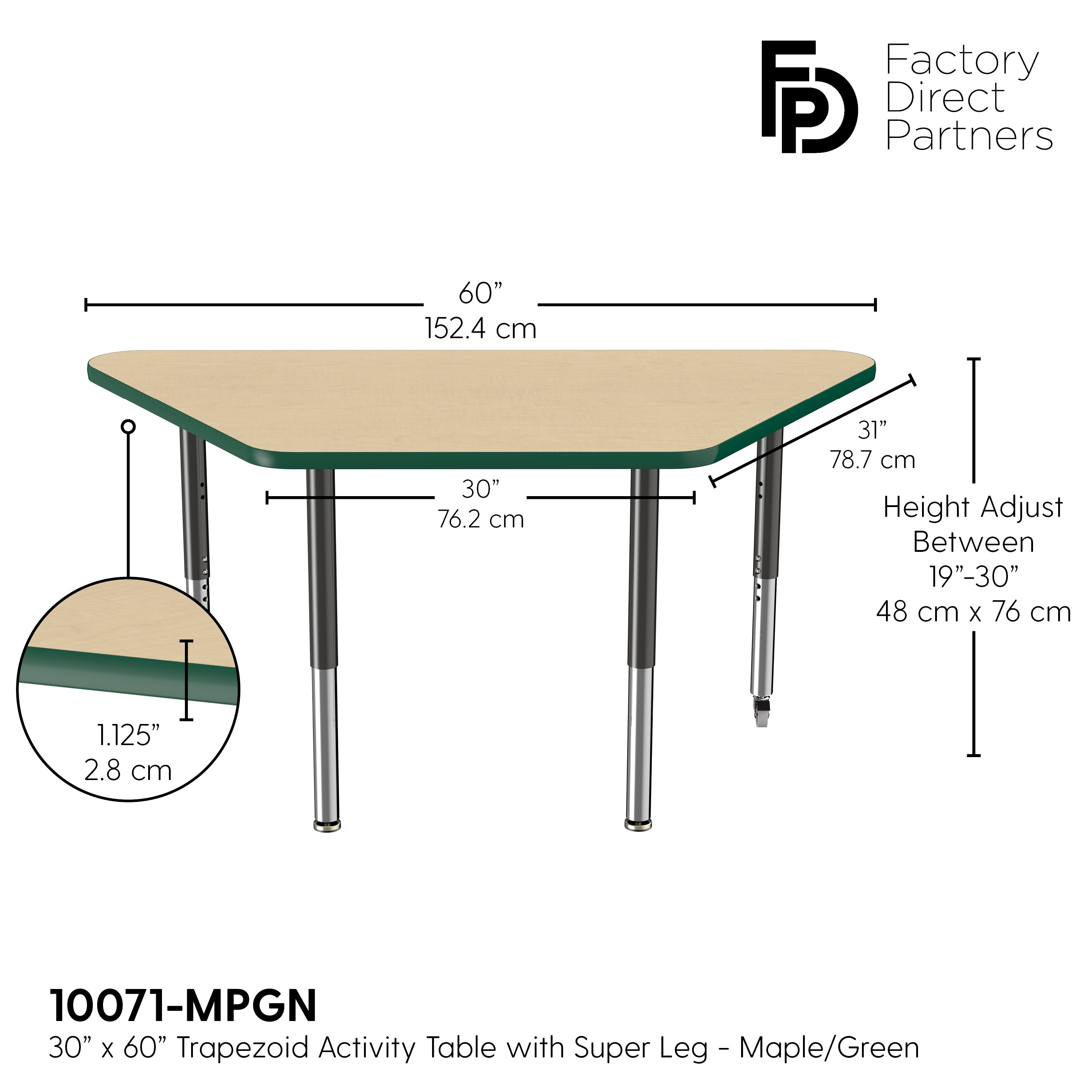 30" x 60" Trapezoid T-Molding Activity Table with Adjustable Super Legs - Maple/Green/Black