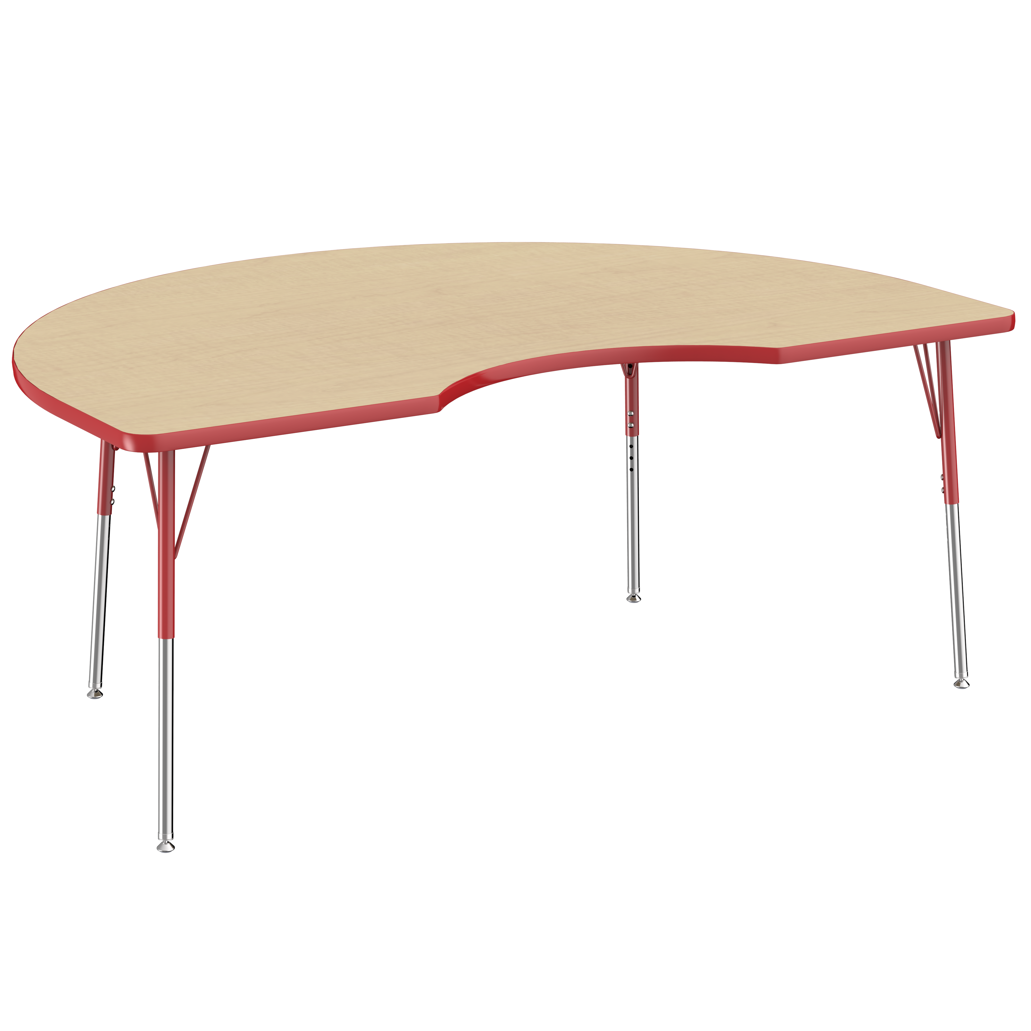48" x 72" Kidney T-Molding Activity Table with Adjustable Standard Swivel Glide Legs - Maple/Red