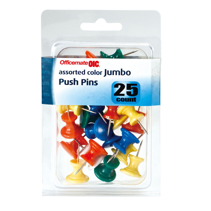 Push Pins, Jumbo, Assorted Colors, 25/Clamshell Pack