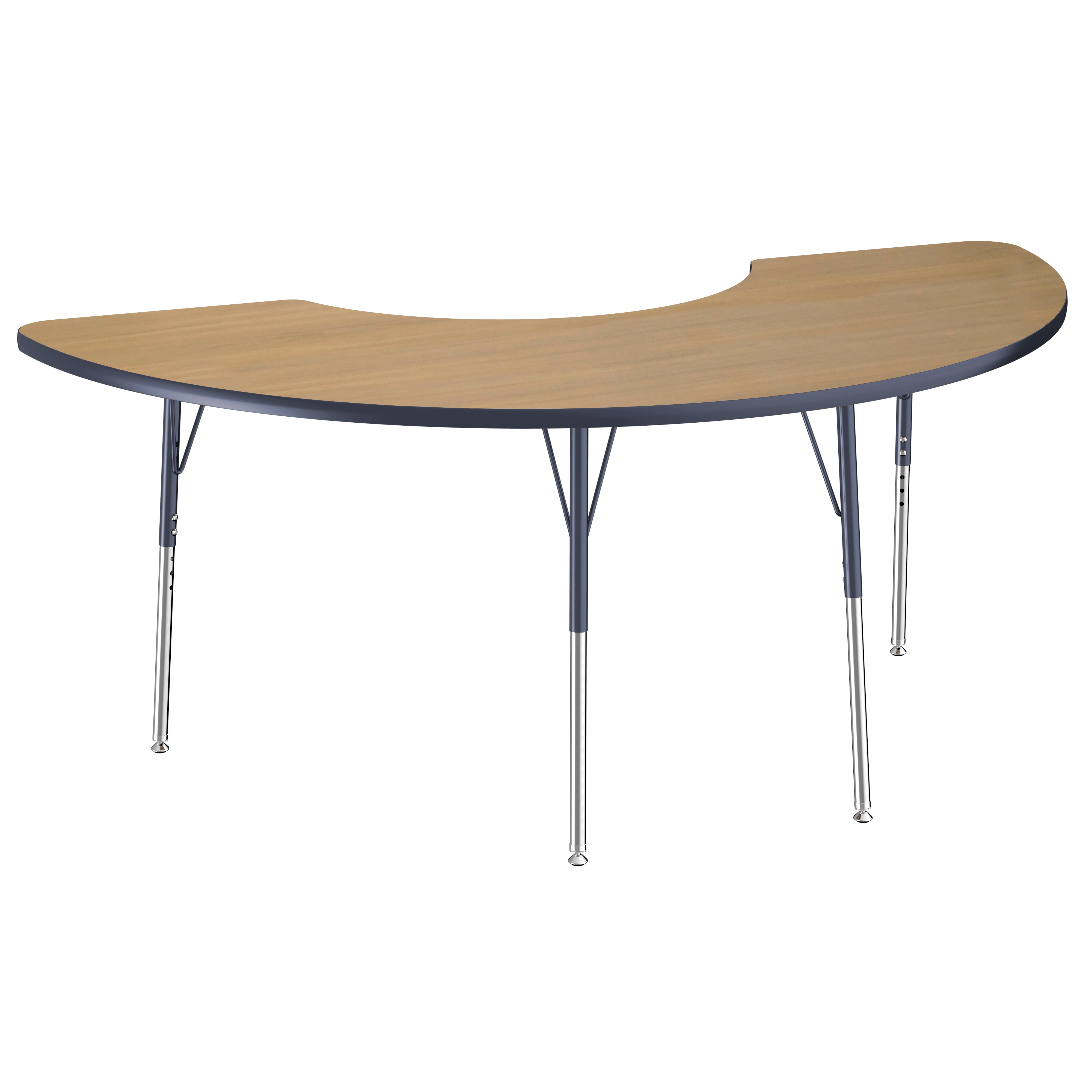 36" x 72" Half Moon T-Molding Activity Table with Adjustable Standard Swivel Glide Legs - Pasadena Oak/Navy