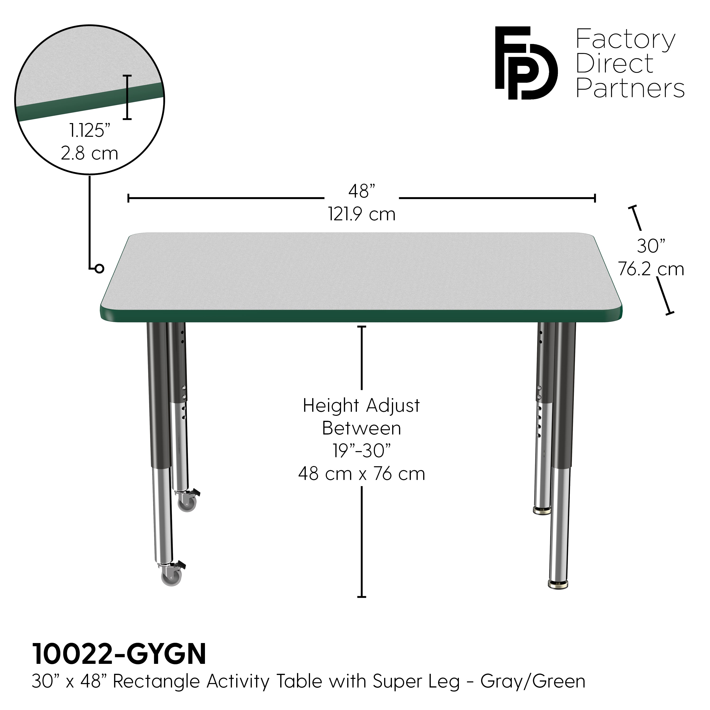 30" x 48" Rectangle T-Molding Activity Table with Adjustable Super Legs - Gray/Green/Black