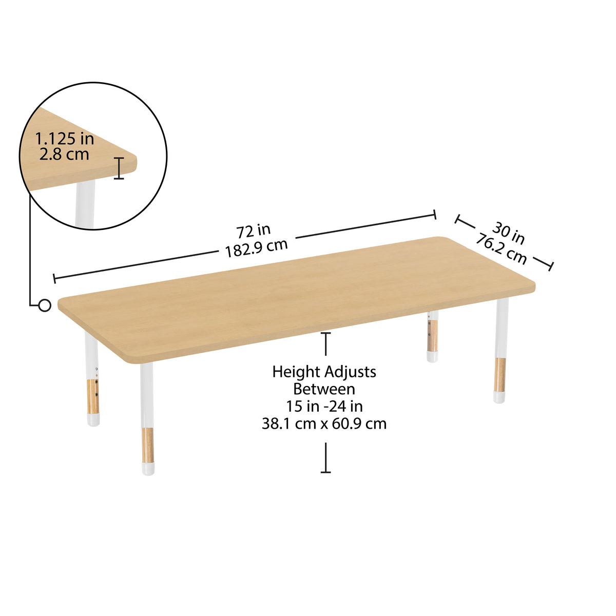 30" x 72" Rectangle Thermofused Activity Table with Adjustable Chunky Wood Legs - Maple Grain/White/Natural