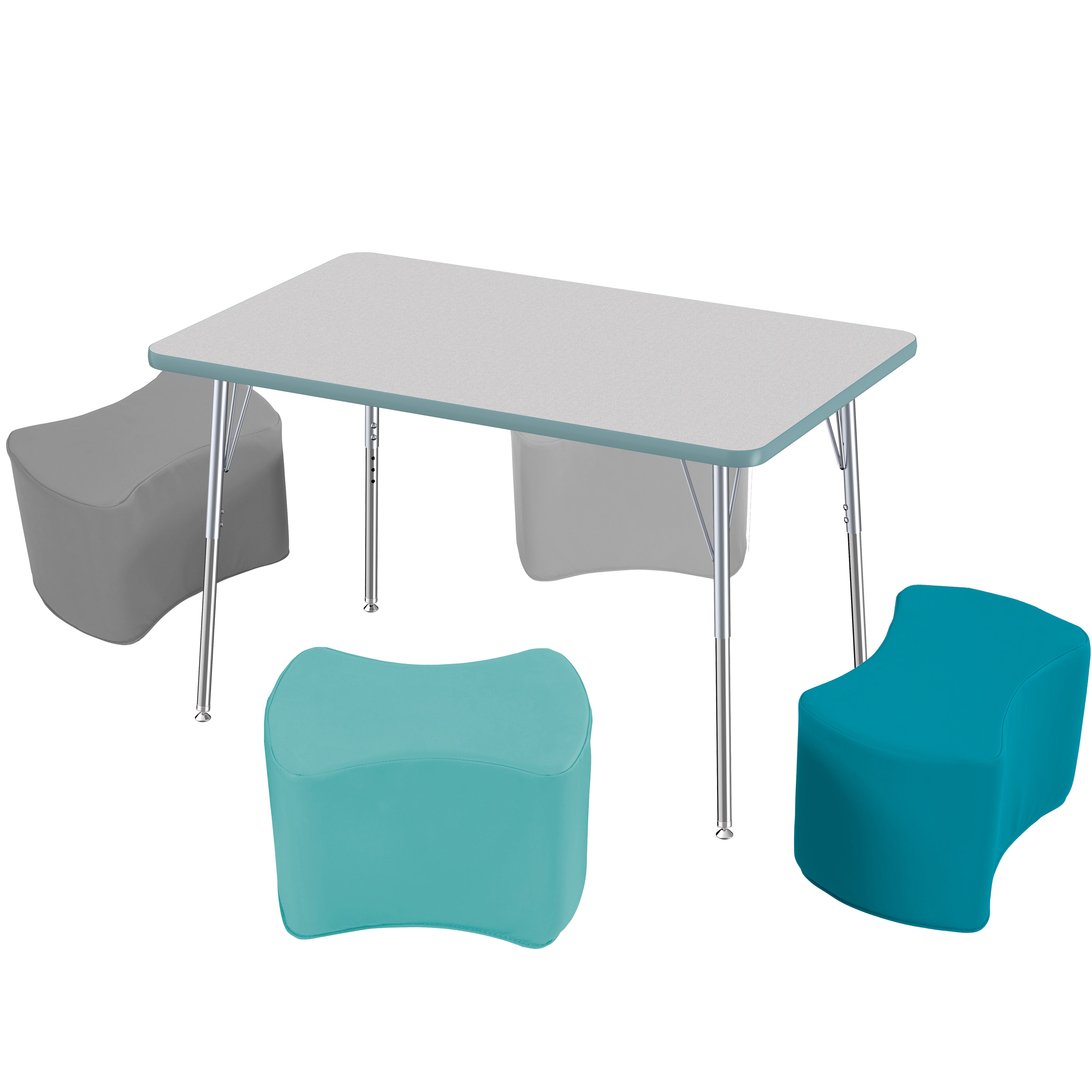 30" x 48" Rectangle Thermofused Activity Table with Standard Swivel Legs and Butterfly Seating 12" Height, 5-Piece Set - Gray/Seafoam/Silver/Contemporary