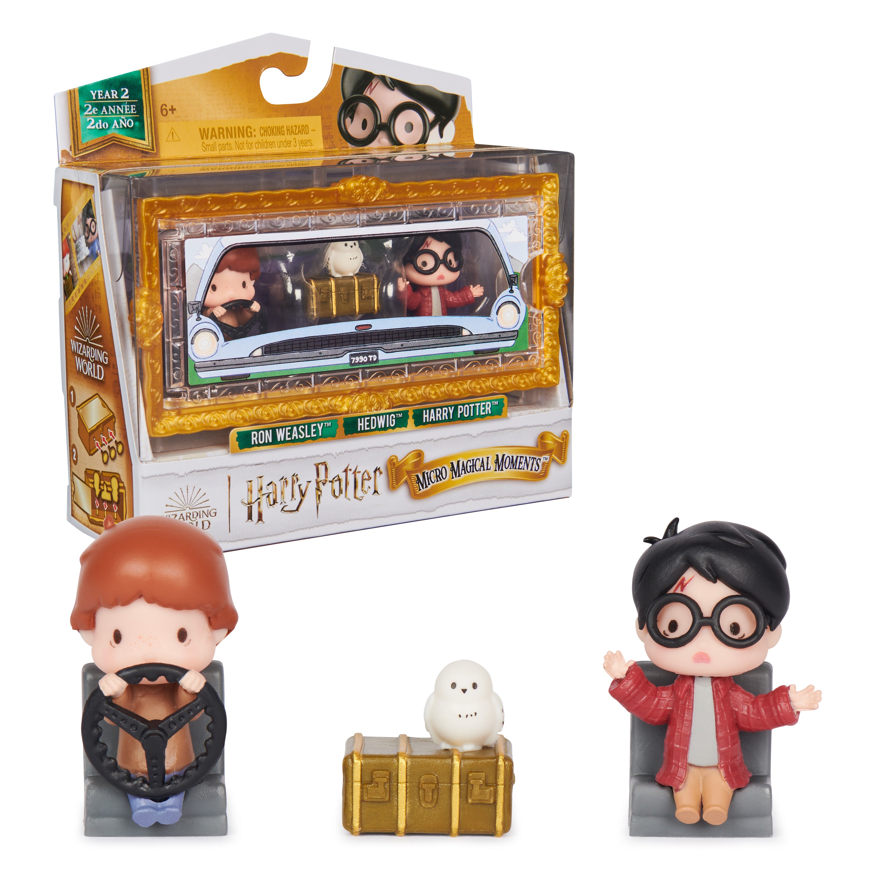 Wizarding World Harry Potter, Micro Magical Moments Year 2 Flying Car Figure Set with Harry, Ron, Hedwig & Display Case, Kids Toys for Ages 6+