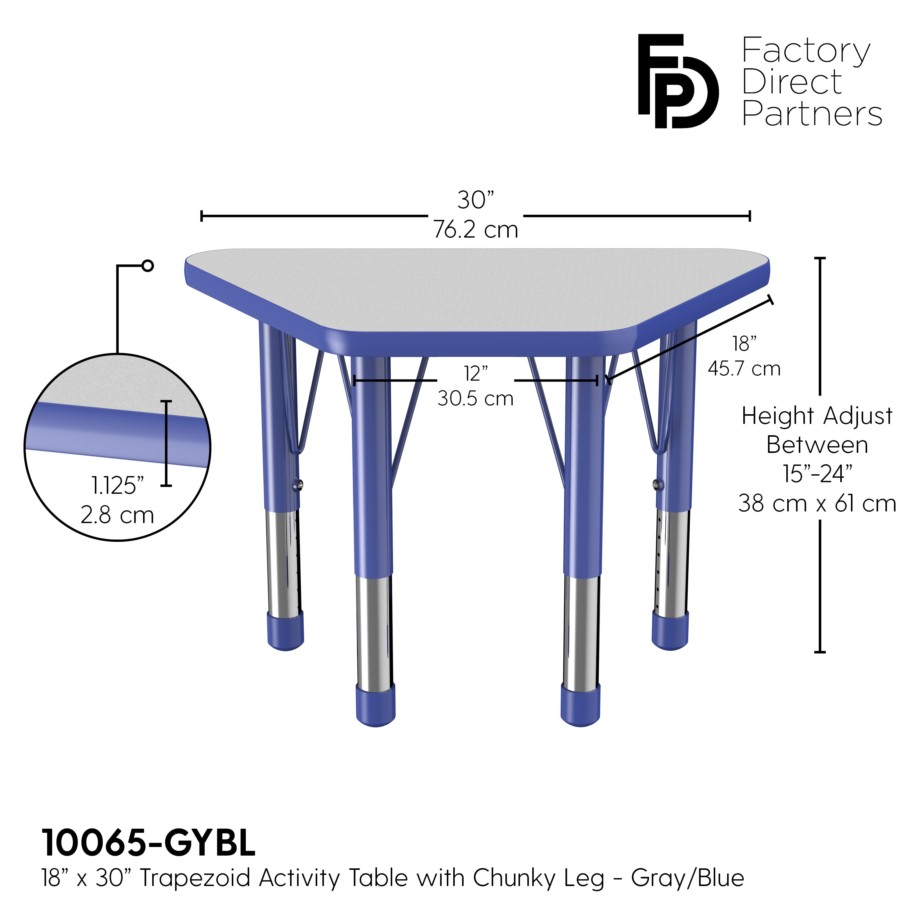 18" x 30" Trapezoid T-Molding Activity Table with Adjustable Chunky Legs - Gray/Blue