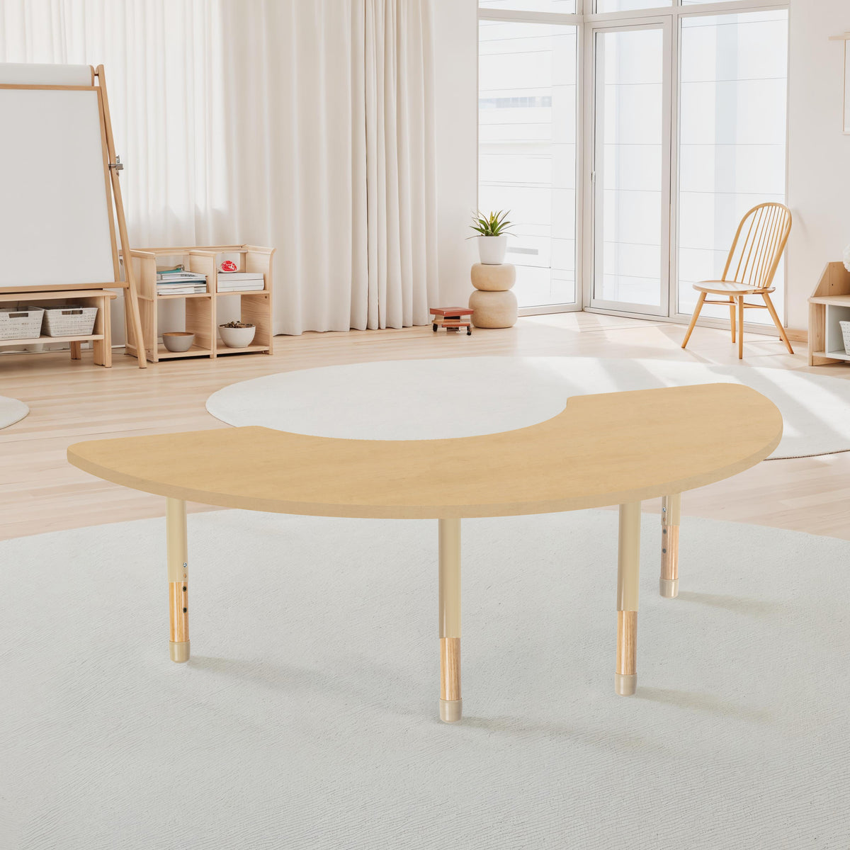 36" x 72" Half Moon Thermofused Activity Table with Adjustable Chunky Wood Legs - Maple Grain/Sand/Natural