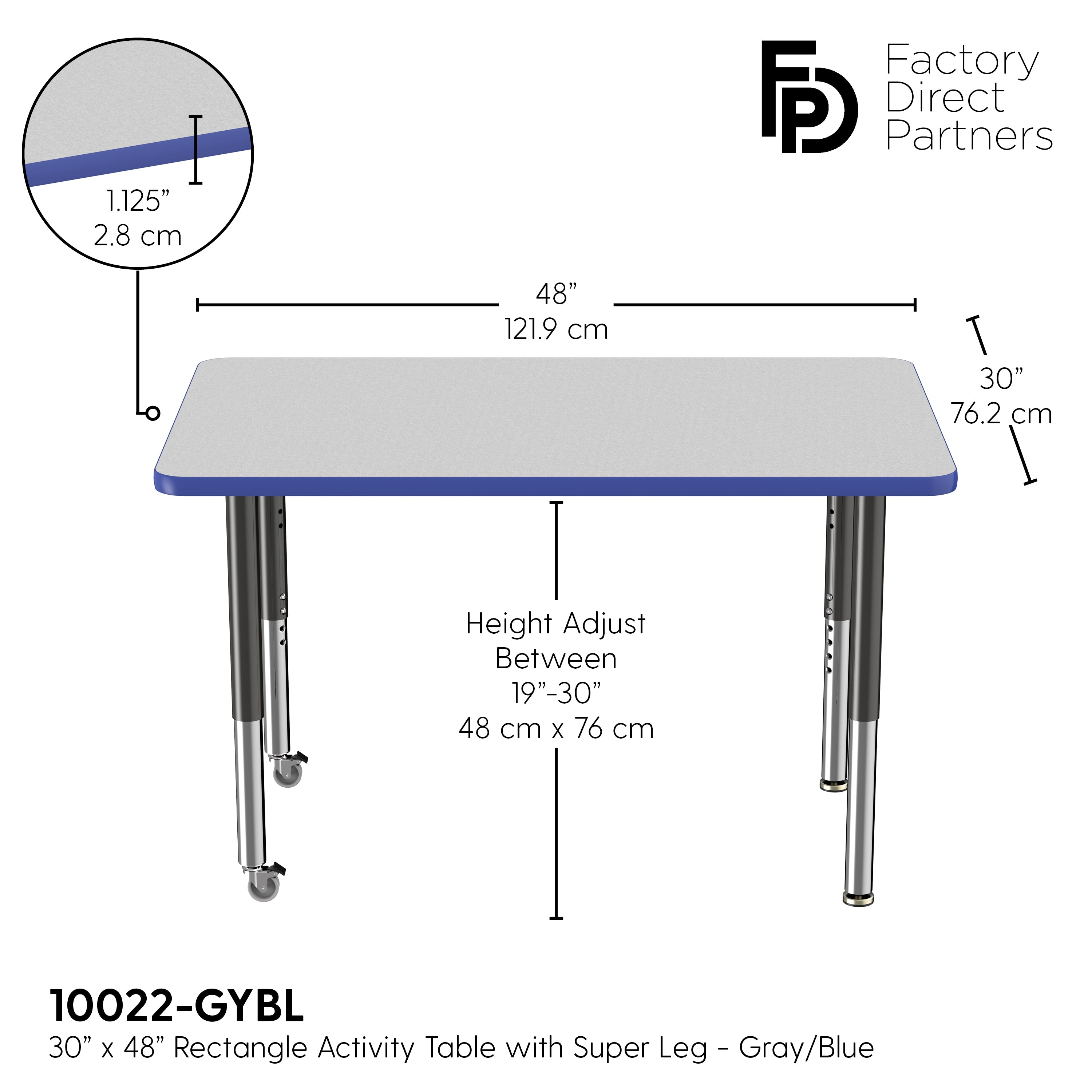 30" x 48" Rectangle T-Molding Activity Table with Adjustable Super Legs - Gray/Blue/Black